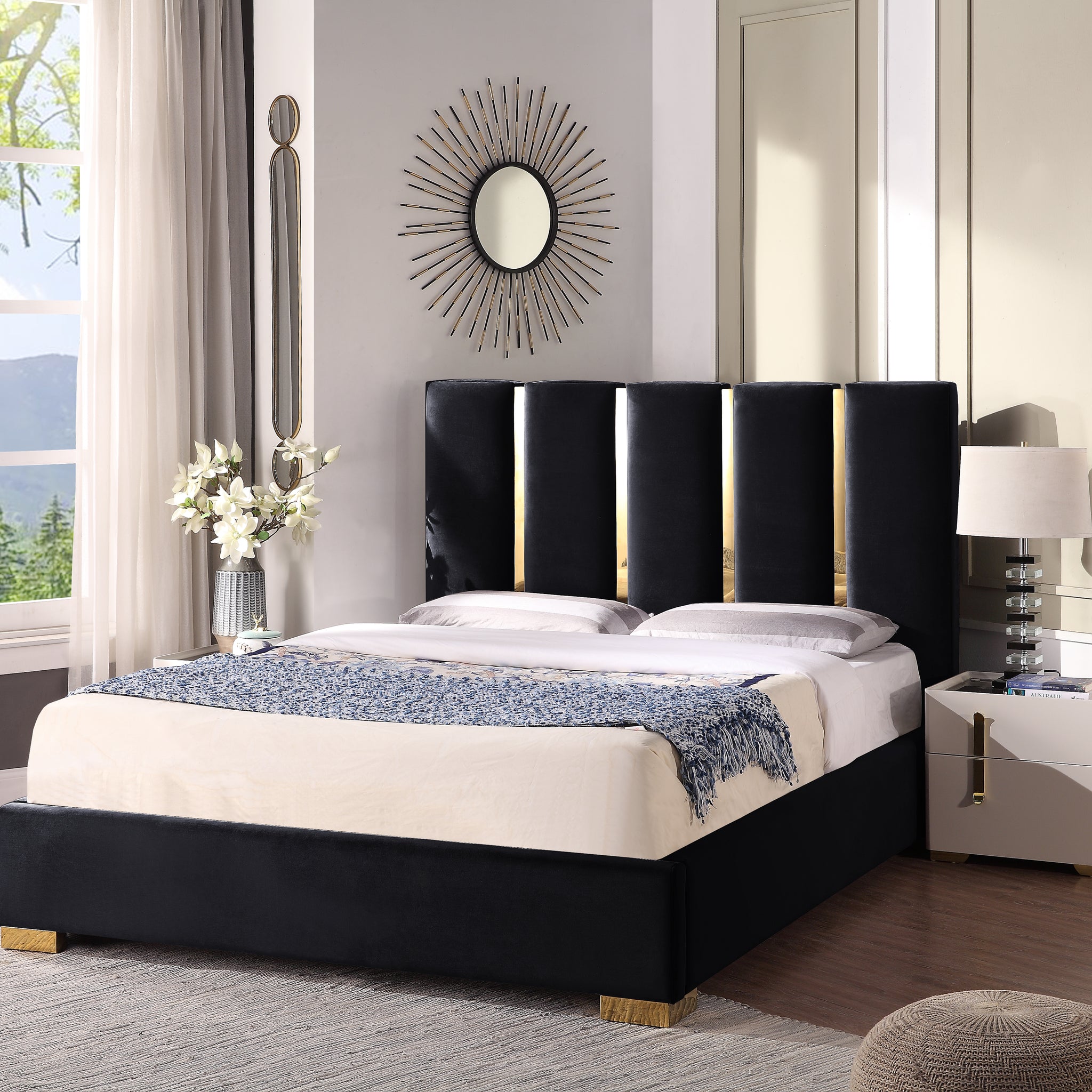 Contemporary Velvet Upholstered Bed, Solid Wood Frame, High Density Foam, Gold Metal Leg, Queen Size Black Velvet