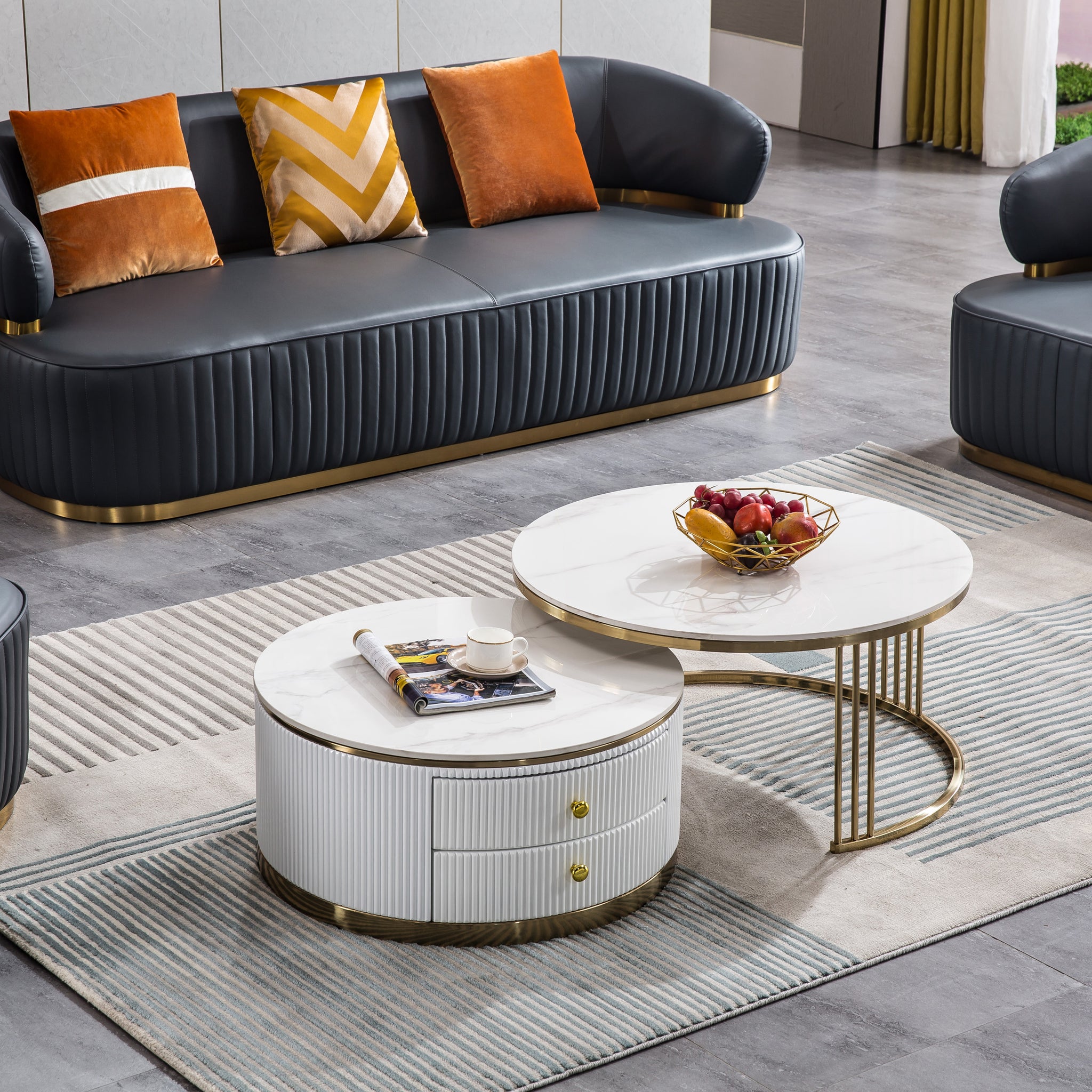 Modern Nesting Mdf Coffee Table Set Of 2, Round White End Table, Sintered Stone Appearance With Gold Finish Metal Base White Mdf