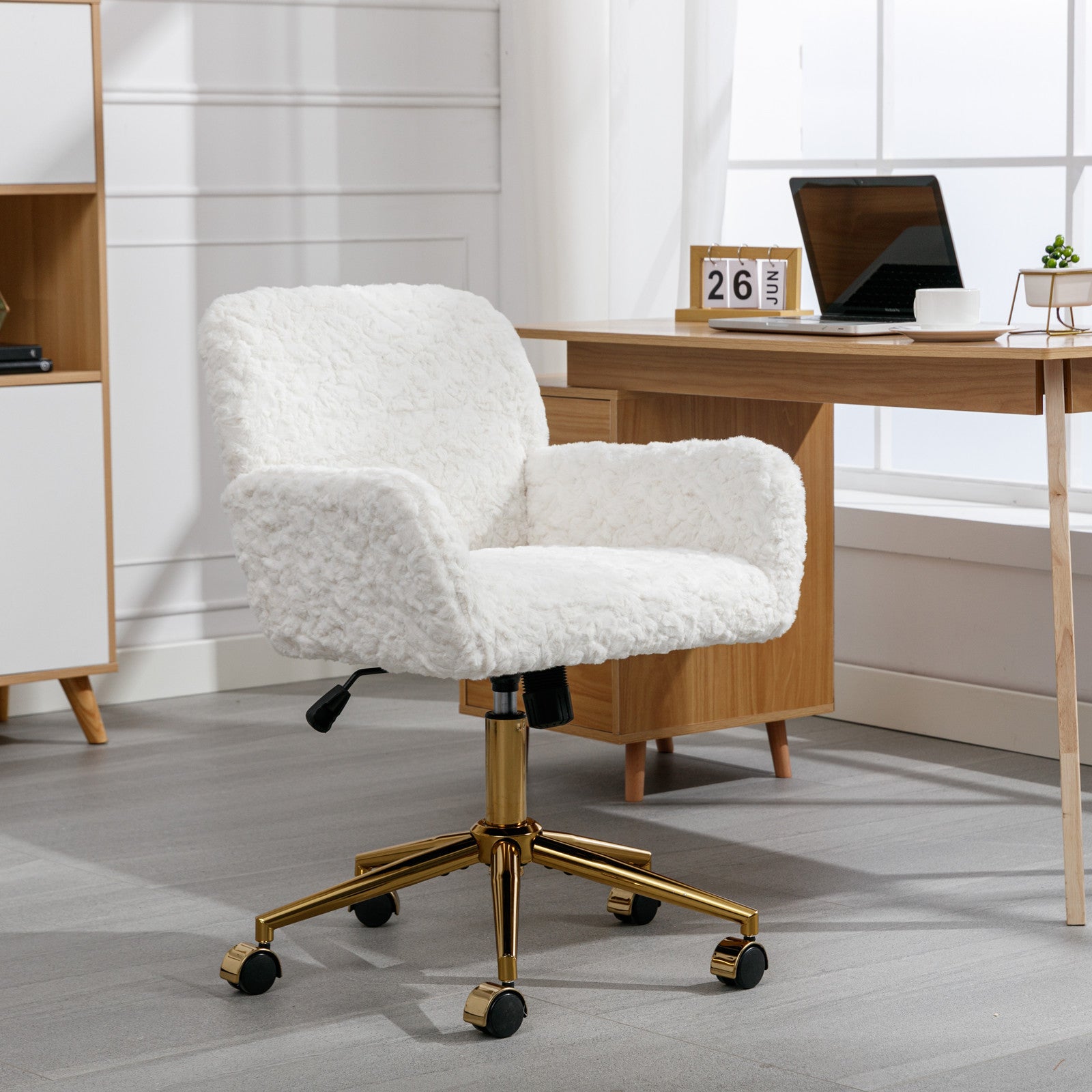 Office Chair,Artificial Rabbit Hair Home Office Chair With Golden Metal Base,Adjustable Desk Chair Swivel Office Chair,Vanity Chair Beige Beige Bedroom Foam Velvet