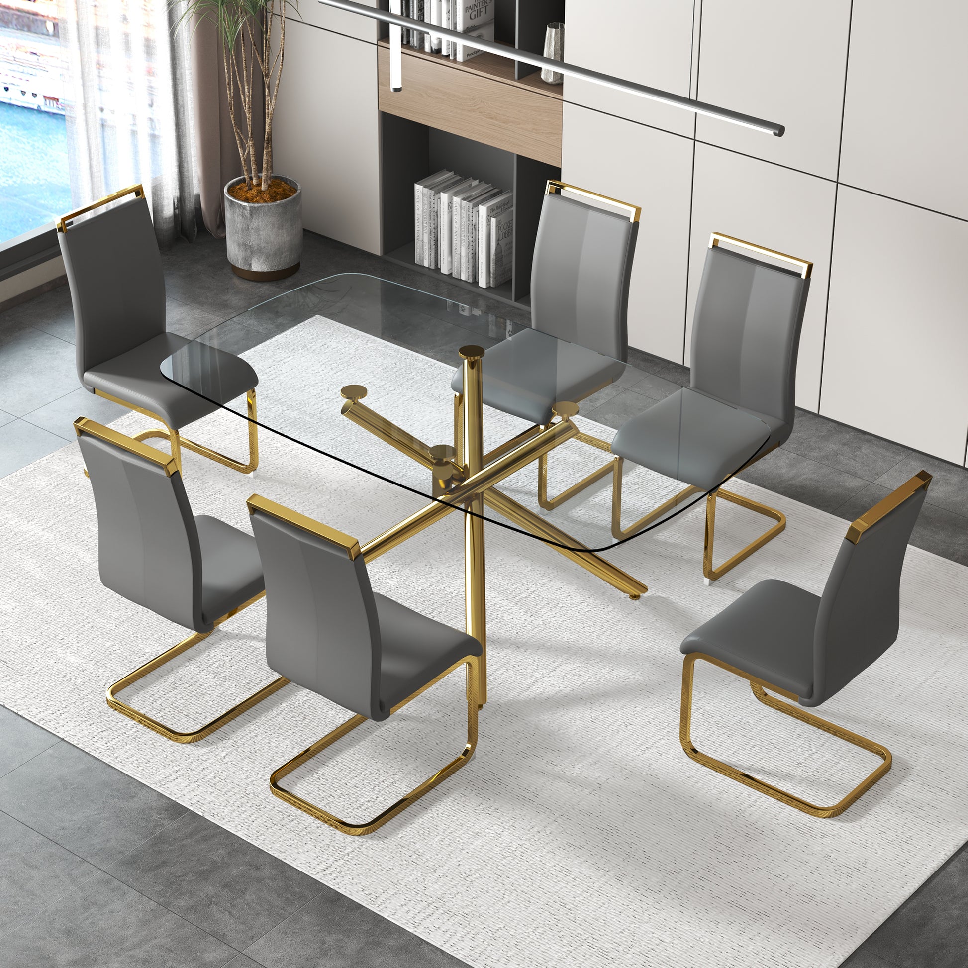 Large Modern Minimalist Rectangular Glass Dining Table For 6 8 With 0.39" Tempered Glass Tabletop And Golden Plated Metal Legs,For Kitchen Dining Living Meeting Room Banquet Hall 71'' X 39'' X30''1537 Golden Metal