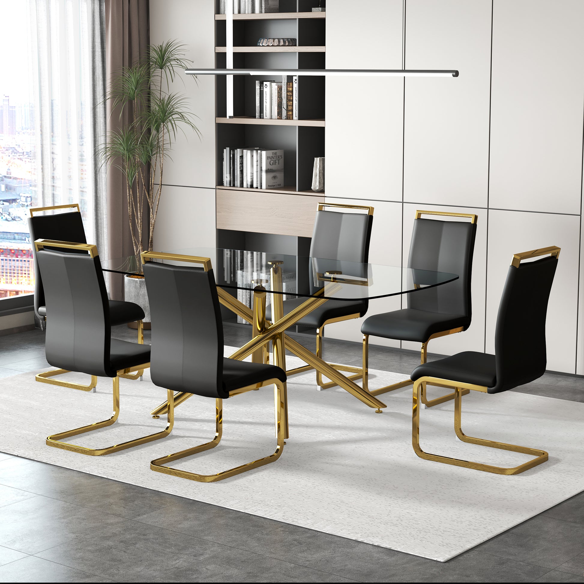 Large Modern Minimalist Rectangular Glass Dining Table With 0.39" Tempered Glass Top And Gilded Metal Legs For Kitchen, Dining Room, Living Room, Meeting Room, Ballroom 71" X 35.4" X 30". Golden Metal