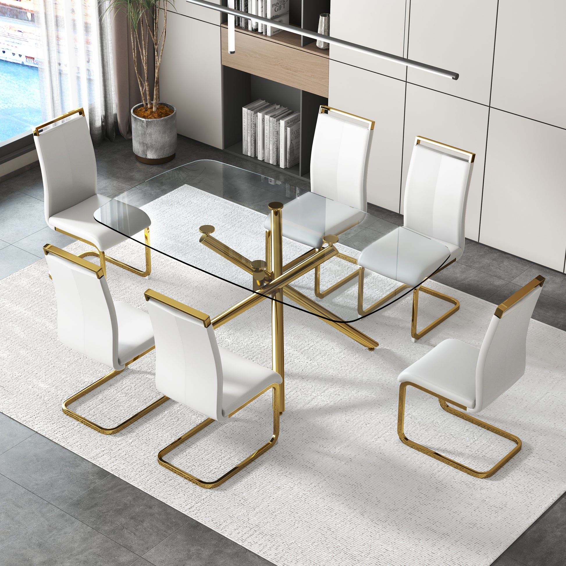 Large Modern Minimalist Rectangular Glass Dining Table For 6 8 With 0.39" Tempered Glass Tabletop And Golden Plated Metal Legs,For Kitchen Dining Living Meeting Room Banquet Hall 71'' X 39'' X30''1537 Golden Metal
