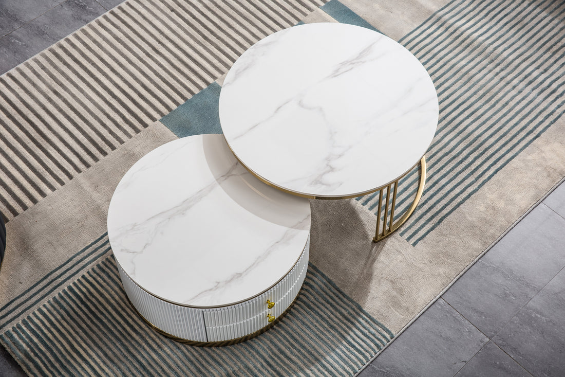 Modern Nesting Mdf Coffee Table Set Of 2, Round White End Table, Sintered Stone Appearance With Gold Finish Metal Base White Mdf