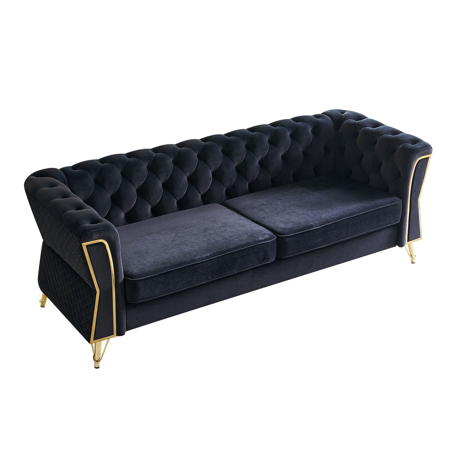 Modern Tufted Velvet Sofa 87.4 Inch For Living Room Black Color Black Velvet Wood Primary Living Space Tufted Back Modern Flared Arms Foam Velvet 2 Seat