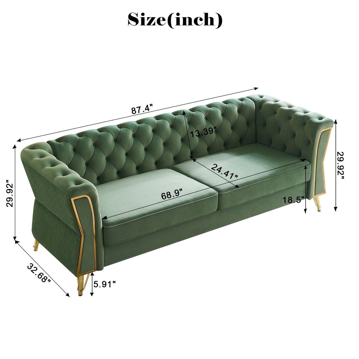 Modern Tufted Velvet Sofa 87.4 Inch For Living Room Mint Green Color Mint Green Velvet Wood Primary Living Space Tufted Back Modern Flared Arms Foam Velvet 2 Seat