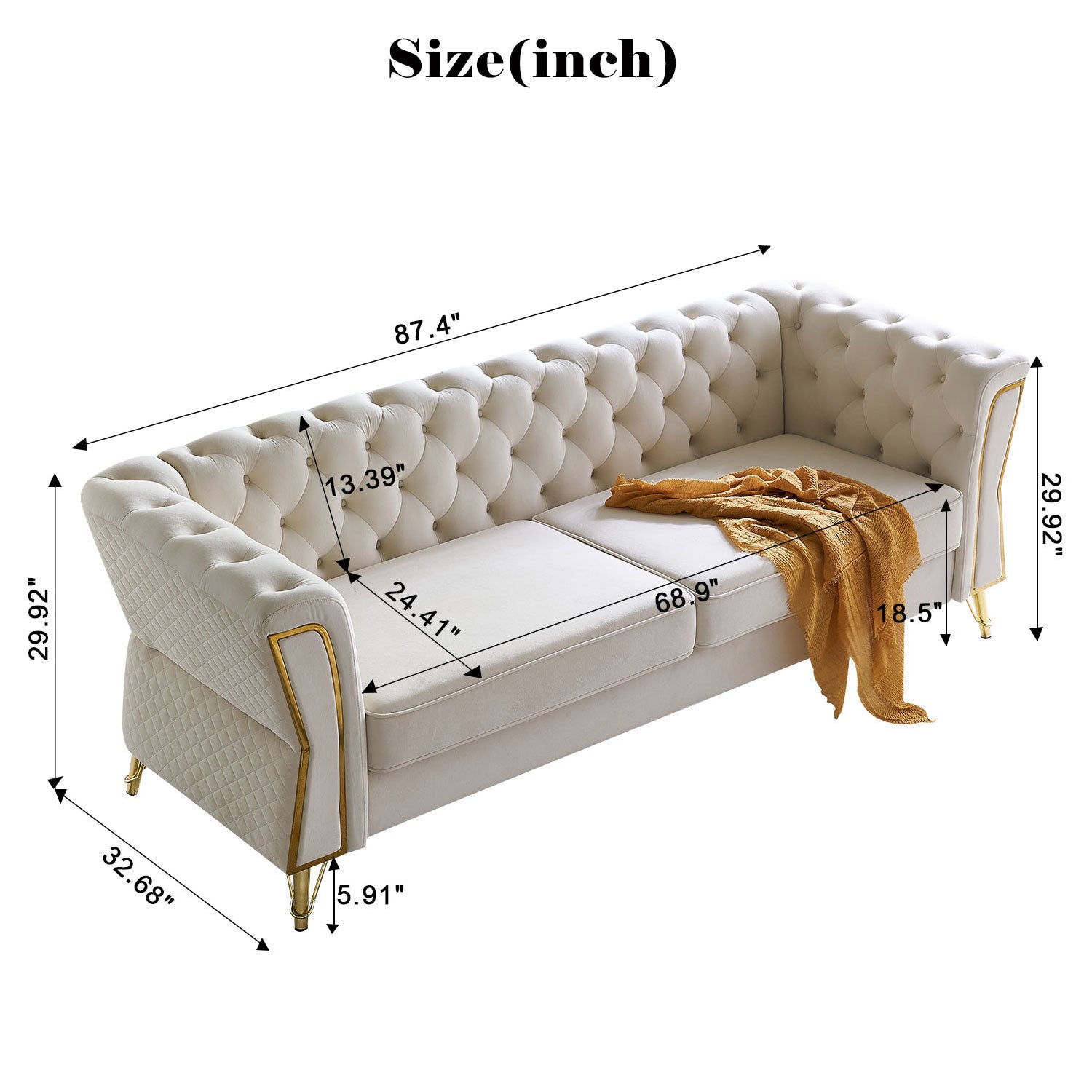 Modern Tufted Velvet Sofa 87.4 Inch For Living Room Beige Color Beige Velvet Wood Primary Living Space Tufted Back Modern Flared Arms Foam Velvet 2 Seat
