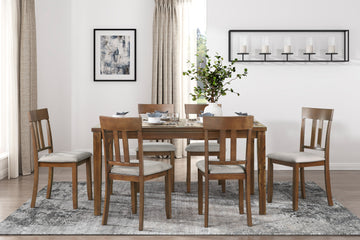 Transitional Styling 7 Piece Pack Dinette Set Cherry Finish Dining Table And 6X Side Chairs Textured Fabric Upholstered Seat Wooden Classic Look Furniture Cherry Wood