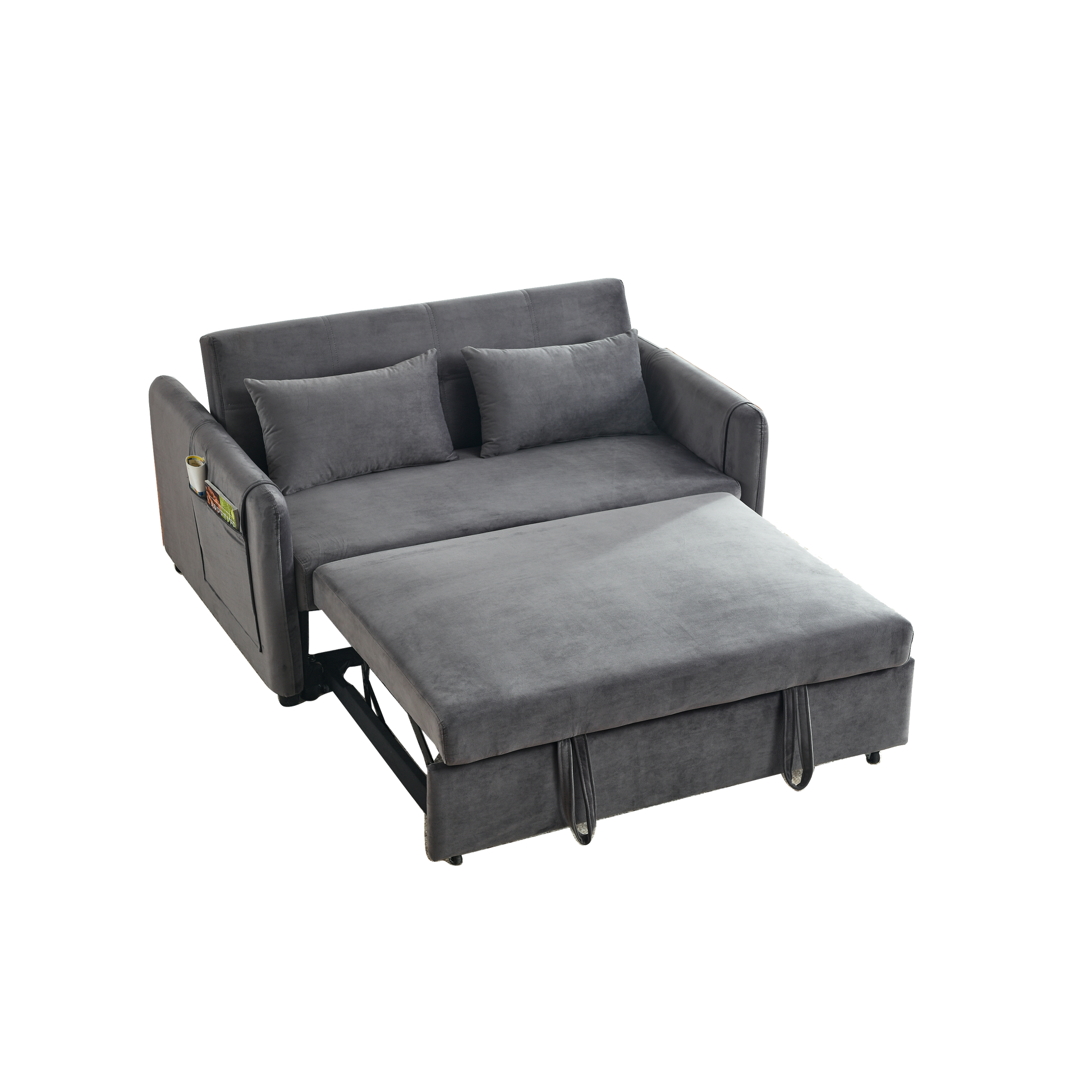 Convertible Sofa Bed, 3 In 1 Versatile Velvet Double Sofa With Pullout Bed, Seat With Adjustable Backrest, Lumbar Pillows, And Living Room Side Pockets, 54 Inch, Grey Brown Wood Primary Living Space Delicate Duty Eucalyptus 2 Seat Grey Velvet Soft Pillow