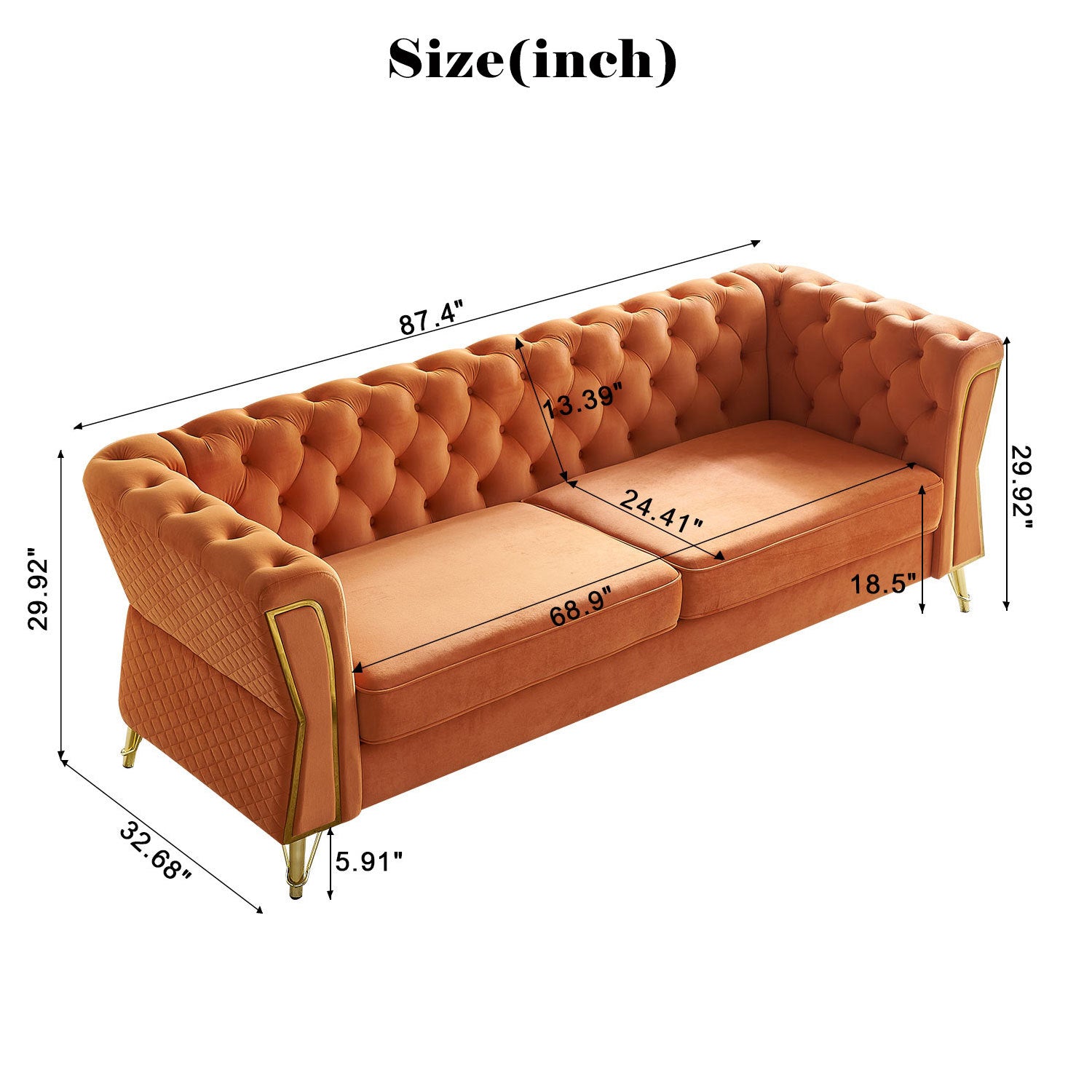 Modern Tufted Velvet Sofa 87.4 Inch For Living Room Orange Color Orange Velvet Wood Primary Living Space Tufted Back Modern Flared Arms Foam Velvet 2 Seat