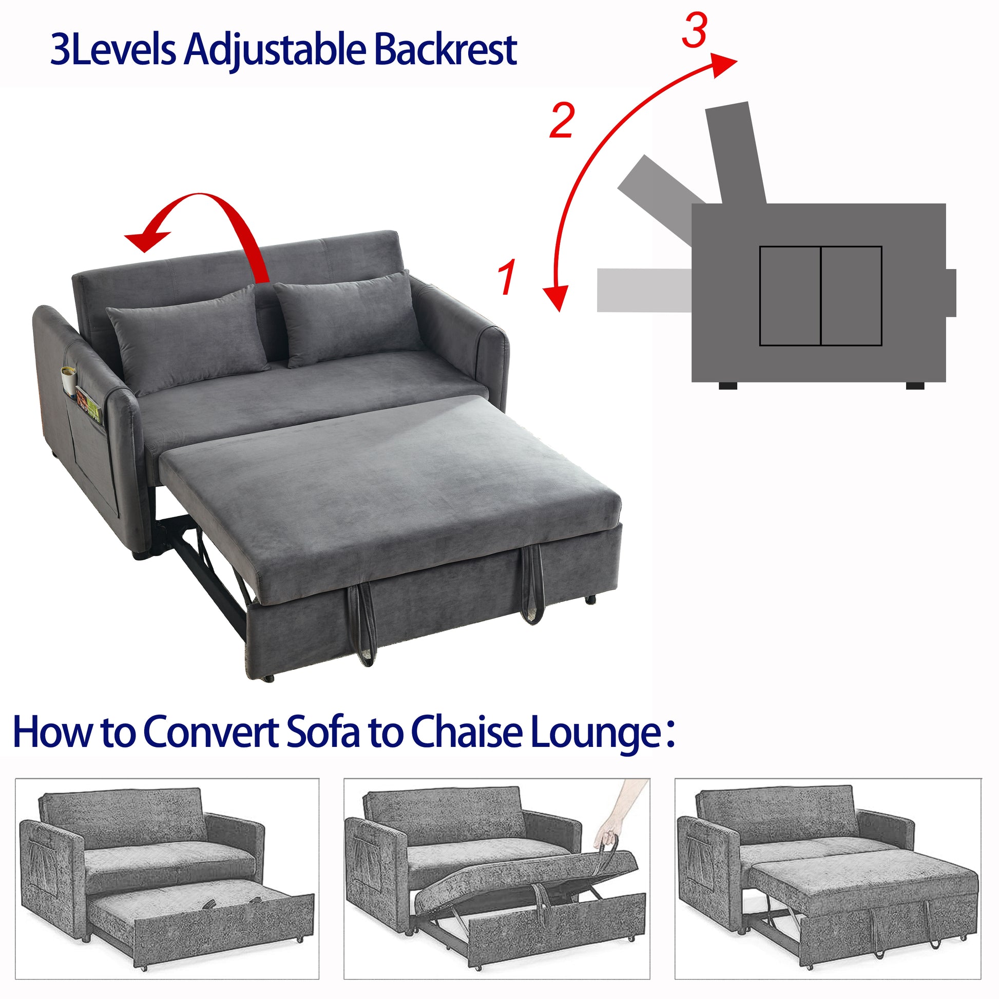 Convertible Sofa Bed, 3 In 1 Versatile Velvet Double Sofa With Pullout Bed, Seat With Adjustable Backrest, Lumbar Pillows, And Living Room Side Pockets, 54 Inch, Grey Brown Wood Primary Living Space Delicate Duty Eucalyptus 2 Seat Grey Velvet Soft Pillow