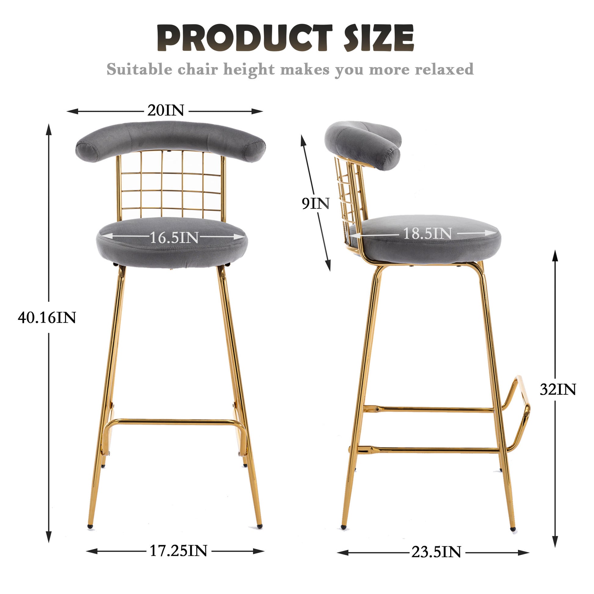 Bar Stool Set Of 2, Luxury Velvet High Bar Stool With Metal Legs And Soft Back, Pub Stool Chairs Armless Modern Kitchen High Dining Chairs With Metal Legs, Grey Gray Velvet