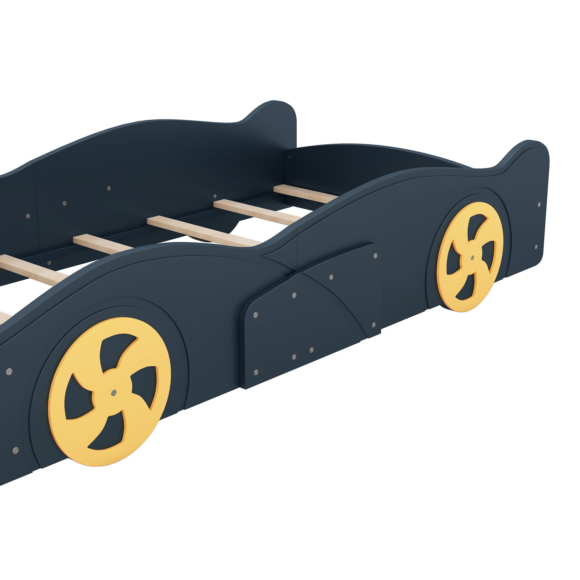 Twin Size Race Car Shaped Platform Bed With Wheels And Storage, Dark Blue Yellow Box Spring Not Required Twin Dark Blue Wood Bedroom Bed Frame Solid Wood Mdf