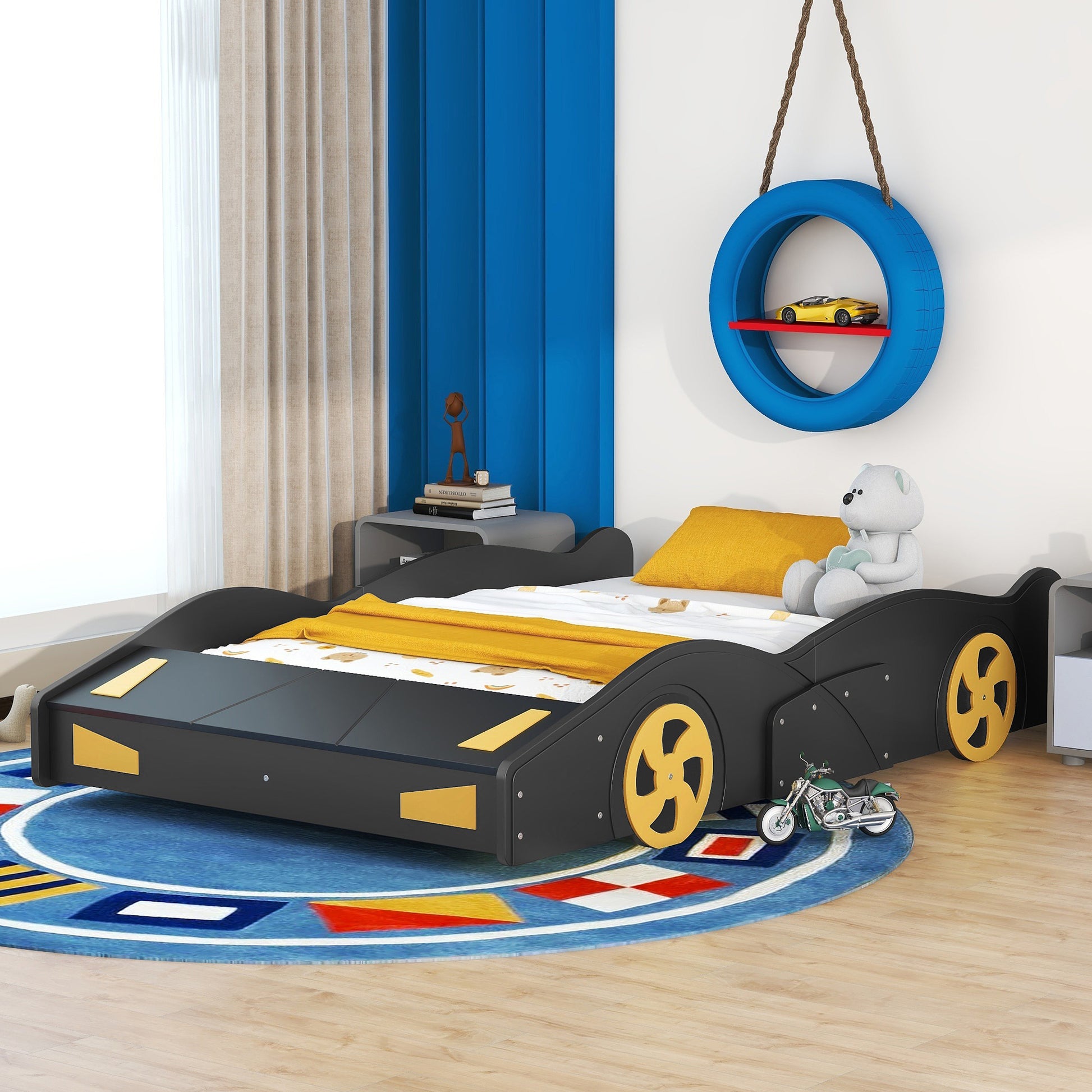 Full Size Race Car Shaped Platform Bed With Wheels And Storage, Black Yellow Box Spring Not Required Full Black Wood Bedroom Bed Frame Solid Wood Mdf