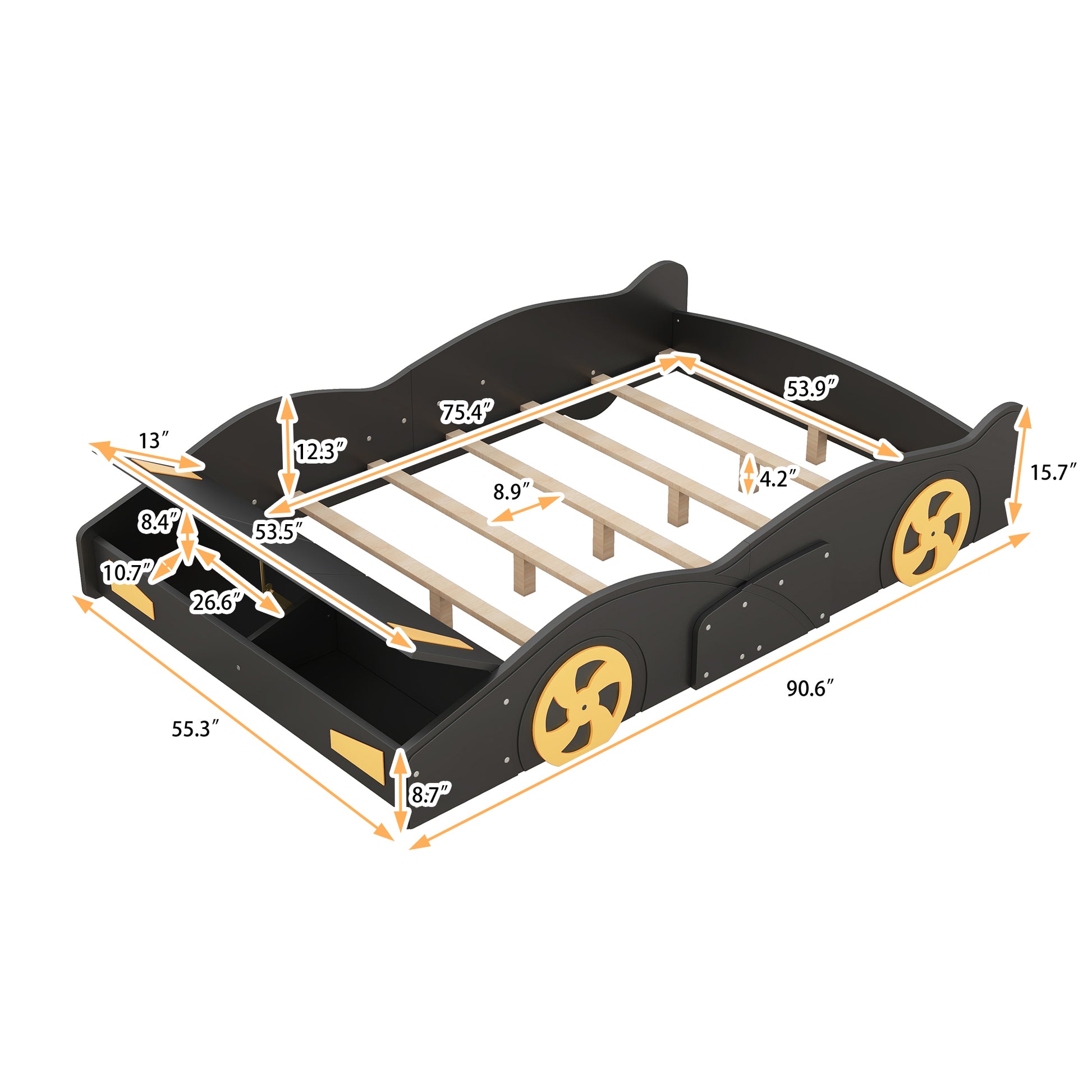 Full Size Race Car Shaped Platform Bed With Wheels And Storage, Black Yellow Box Spring Not Required Full Black Wood Bedroom Bed Frame Solid Wood Mdf