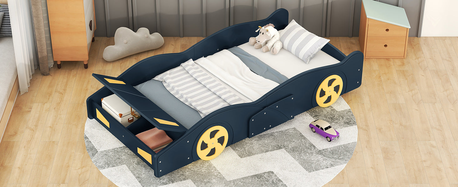 Twin Size Race Car Shaped Platform Bed With Wheels And Storage, Dark Blue Yellow Box Spring Not Required Twin Dark Blue Wood Bedroom Bed Frame Solid Wood Mdf