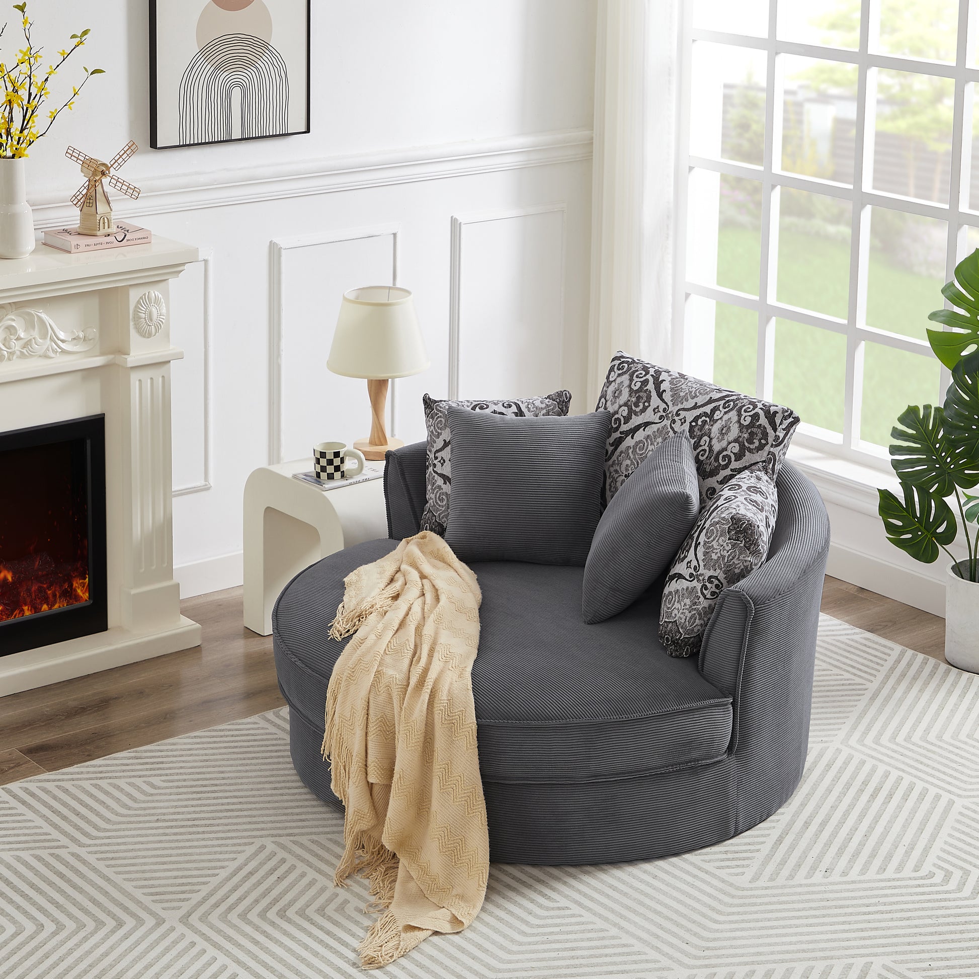 Swivel Accent Barrel Chair With 5 Movable Pillow 360 Degree Swivel Round Sofa Chair For Living Room,Bedroom, Hotel, Grey Grey Foam Corduroy