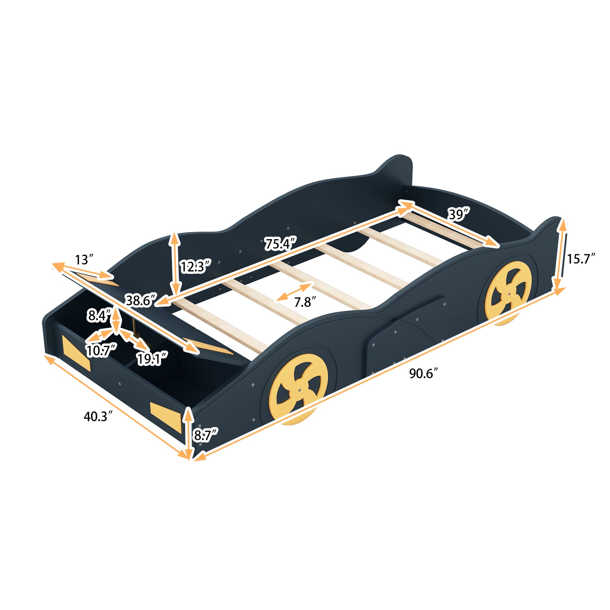 Twin Size Race Car Shaped Platform Bed With Wheels And Storage, Dark Blue Yellow Box Spring Not Required Twin Dark Blue Wood Bedroom Bed Frame Solid Wood Mdf