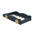 Twin Size Race Car Shaped Platform Bed With Wheels And Storage, Dark Blue Yellow Box Spring Not Required Twin Dark Blue Wood Bedroom Bed Frame Solid Wood Mdf