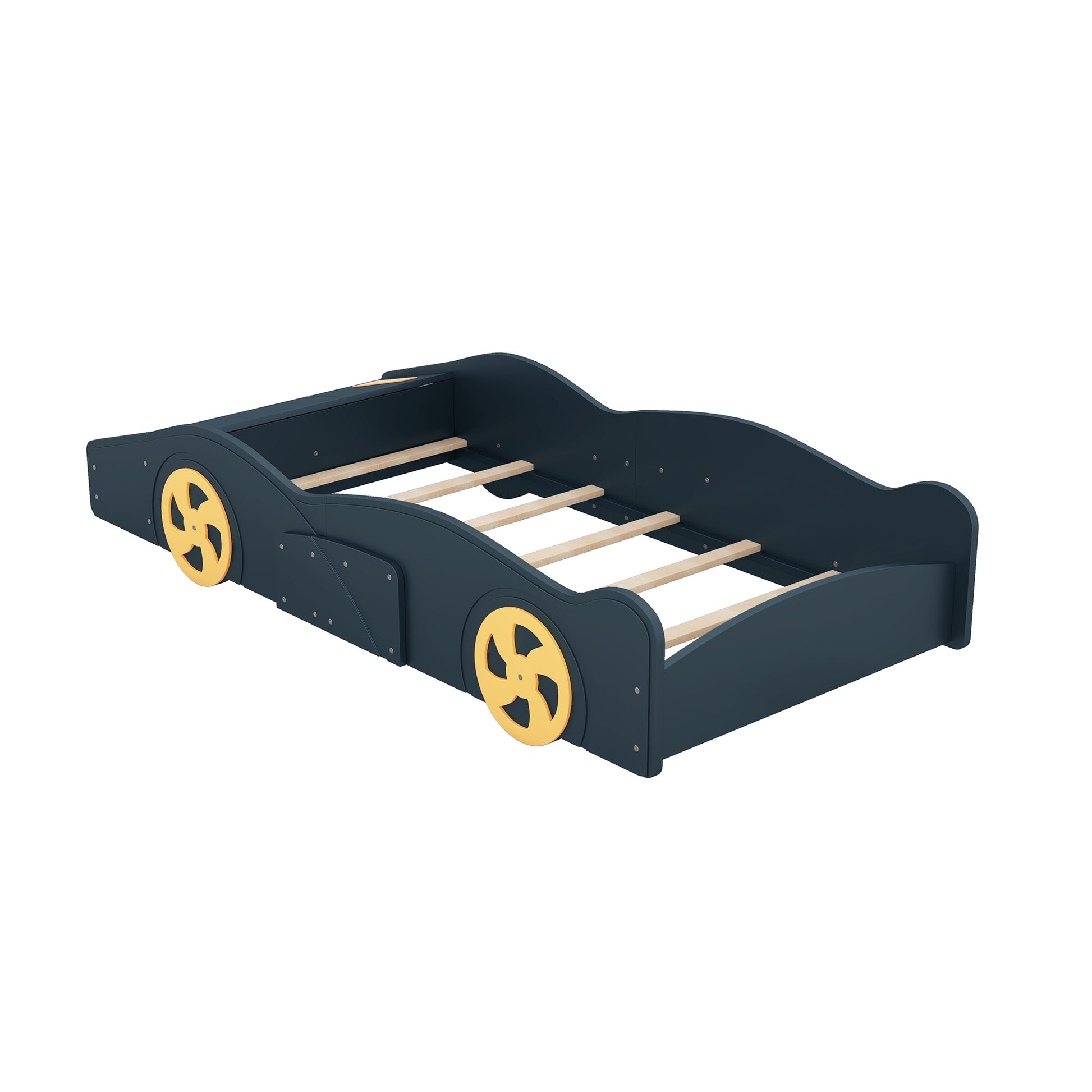 Twin Size Race Car Shaped Platform Bed With Wheels And Storage, Dark Blue Yellow Box Spring Not Required Twin Dark Blue Wood Bedroom Bed Frame Solid Wood Mdf