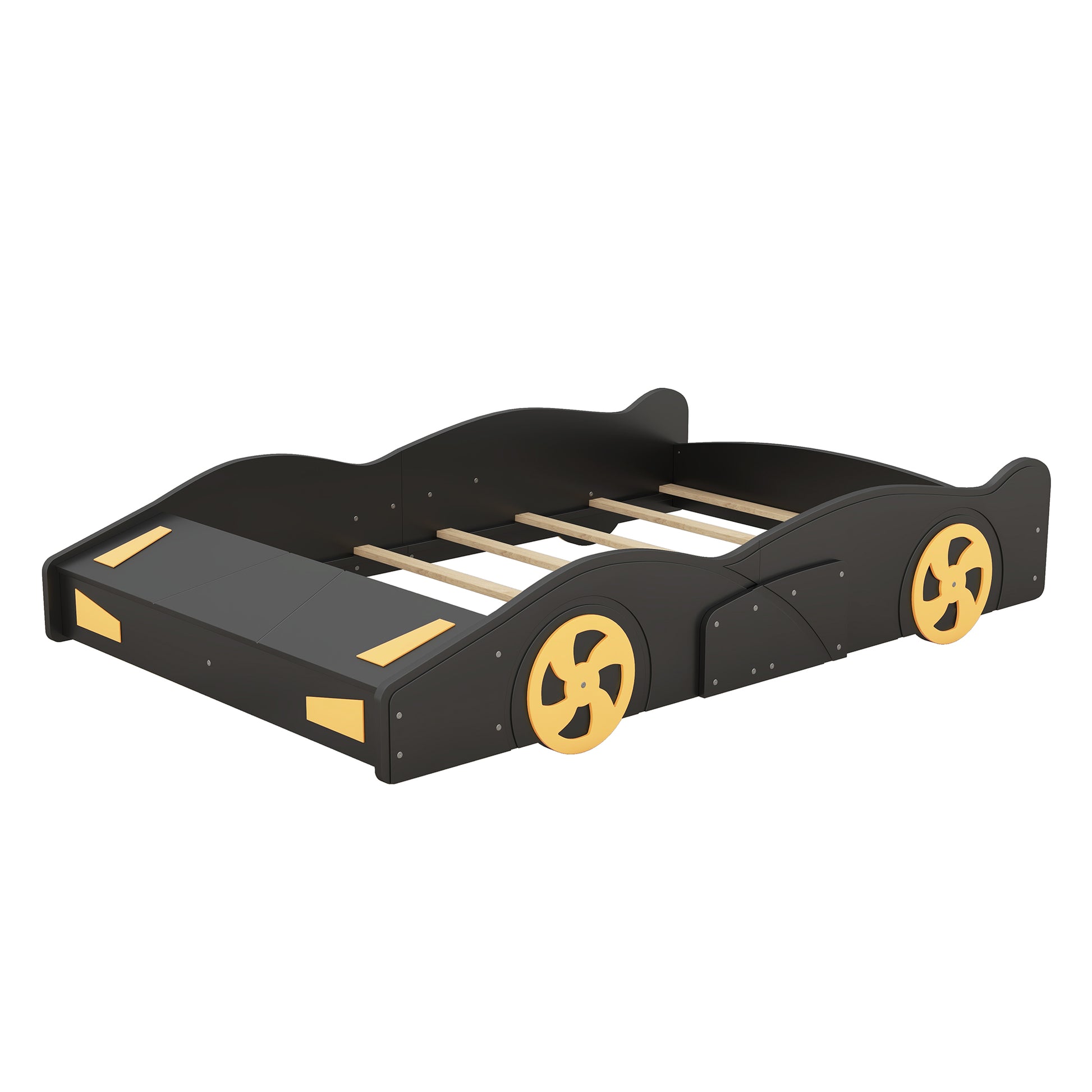 Full Size Race Car Shaped Platform Bed With Wheels And Storage, Black Yellow Box Spring Not Required Full Black Wood Bedroom Bed Frame Solid Wood Mdf