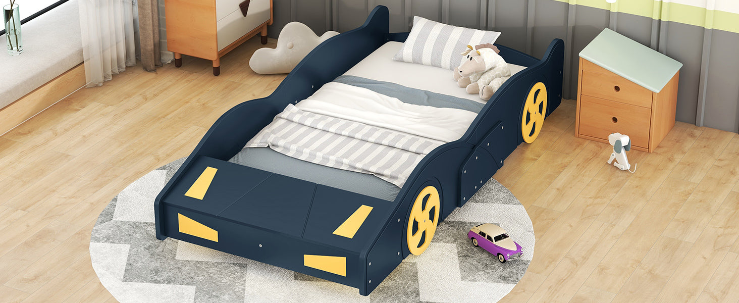 Twin Size Race Car Shaped Platform Bed With Wheels And Storage, Dark Blue Yellow Box Spring Not Required Twin Dark Blue Wood Bedroom Bed Frame Solid Wood Mdf