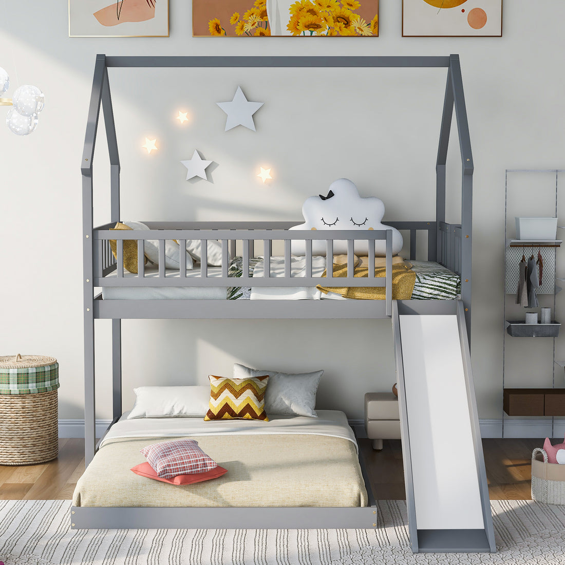 Twin Over Full House Bunk Bed With Slide And Built In Ladder, Full Length Guardrail, Gray Gray Pine
