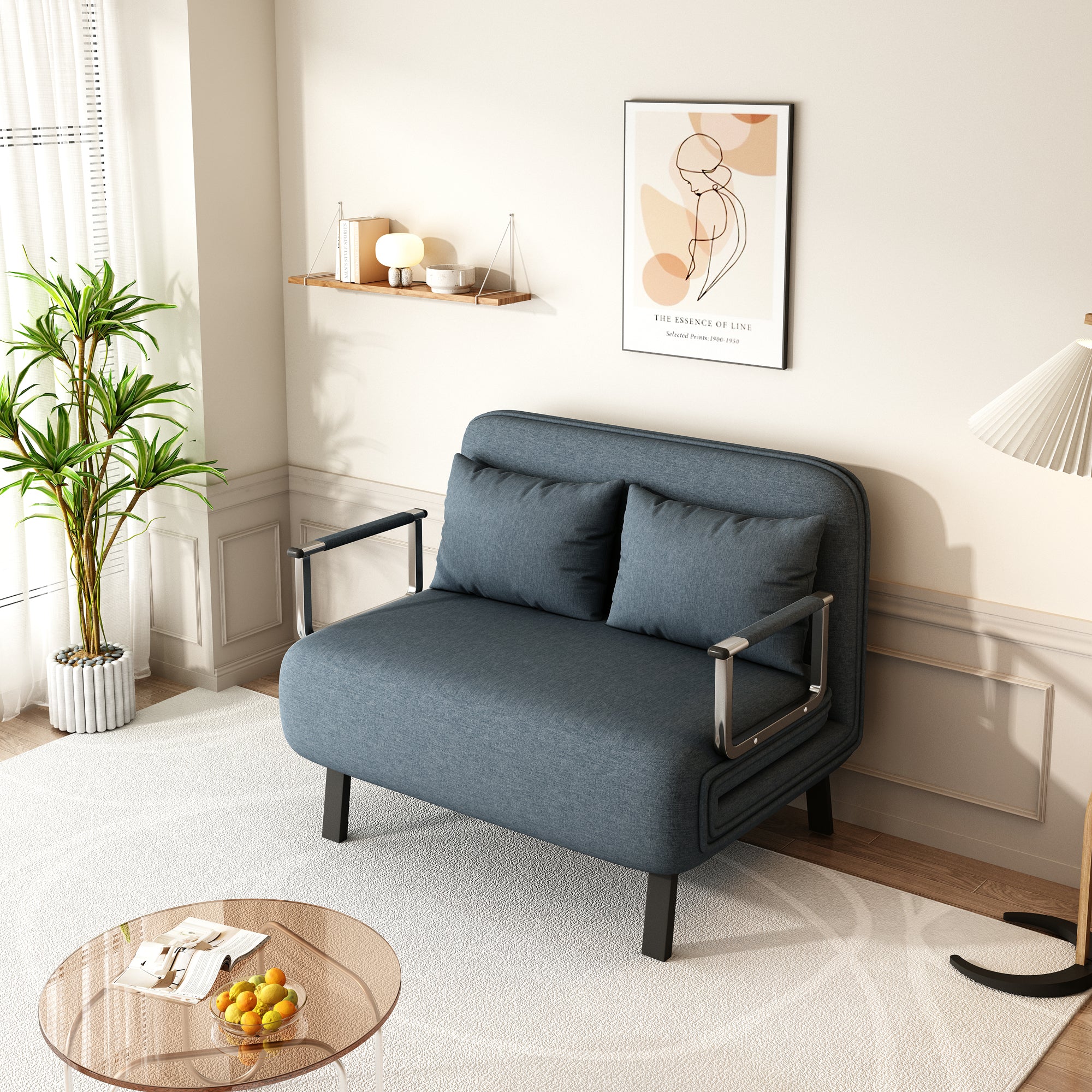 39 Convertible Chair Bed, Tri Fold Sofa Bed With Adjustable Backrest & Pillow, Leisure Chaise Lounge Couch With Sturdy Steel Frame For Home & Office, Comfortable Sleeper Chair Blue Grey Velvet Contemporary Polyurethane Foam Metal 2 Seat