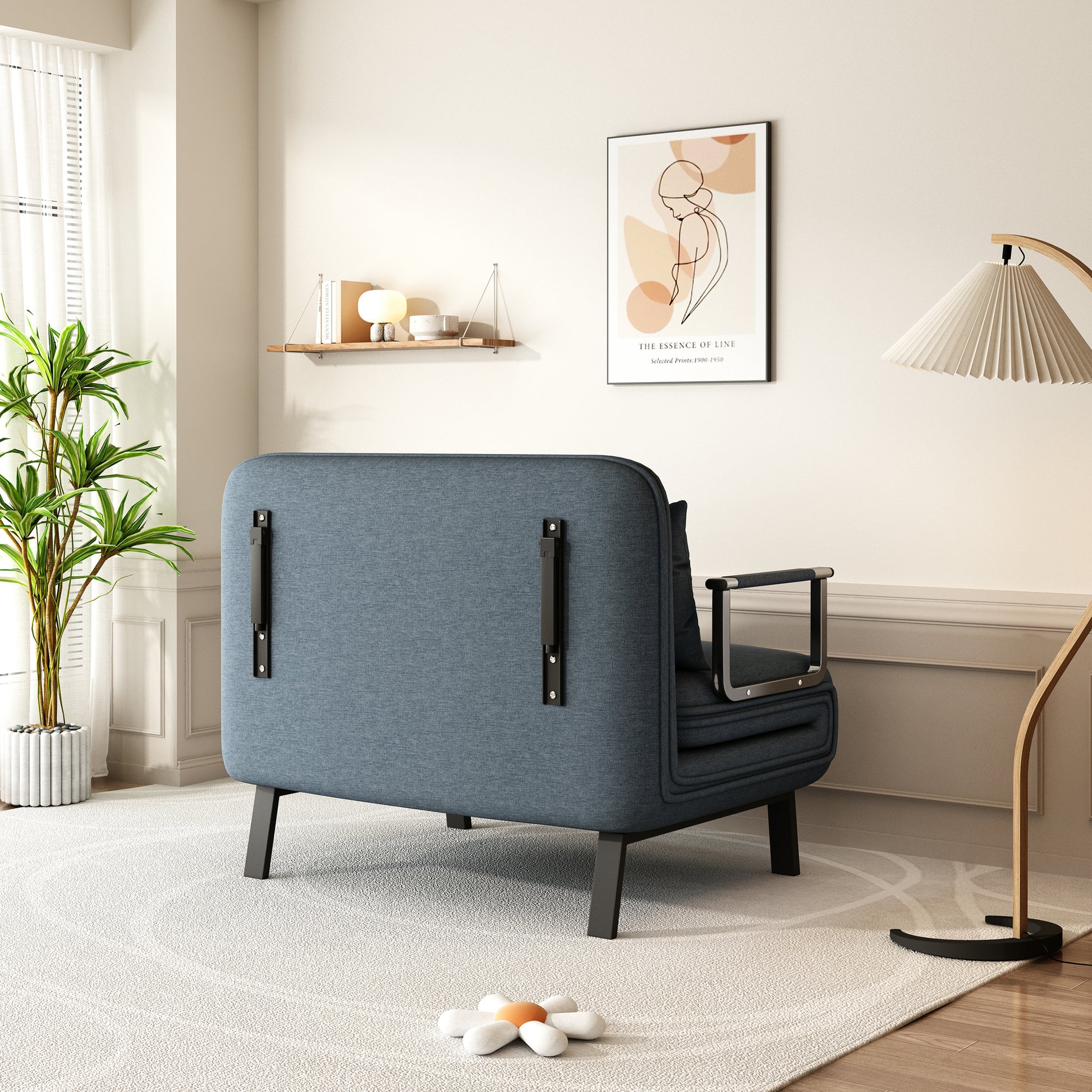 39 Convertible Chair Bed, Tri Fold Sofa Bed With Adjustable Backrest & Pillow, Leisure Chaise Lounge Couch With Sturdy Steel Frame For Home & Office, Comfortable Sleeper Chair Blue Grey Velvet Contemporary Polyurethane Foam Metal 2 Seat