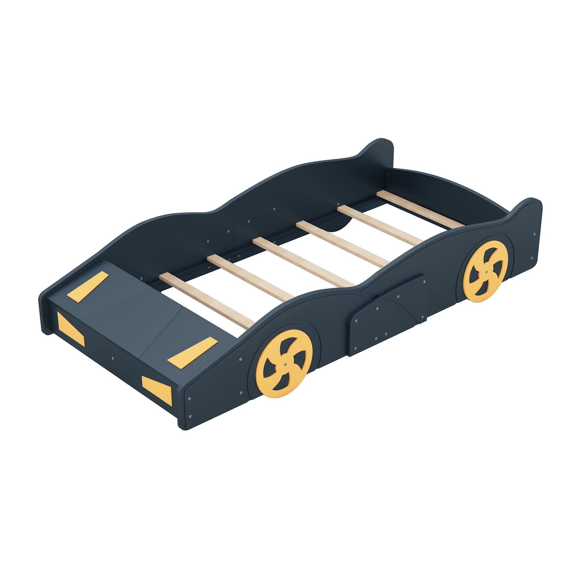 Twin Size Race Car Shaped Platform Bed With Wheels And Storage, Dark Blue Yellow Box Spring Not Required Twin Dark Blue Wood Bedroom Bed Frame Solid Wood Mdf