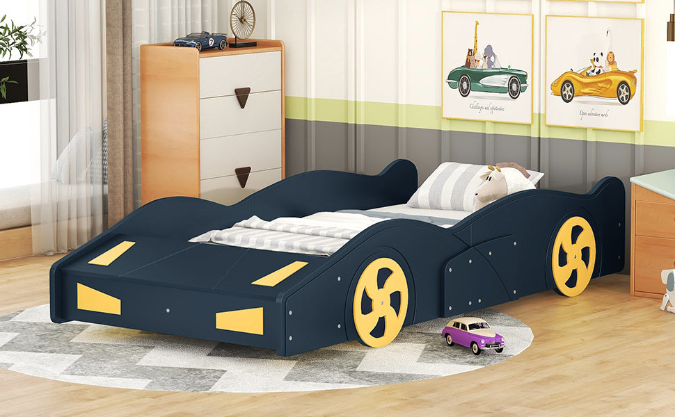 Twin Size Race Car Shaped Platform Bed With Wheels And Storage, Dark Blue Yellow Box Spring Not Required Twin Dark Blue Wood Bedroom Bed Frame Solid Wood Mdf