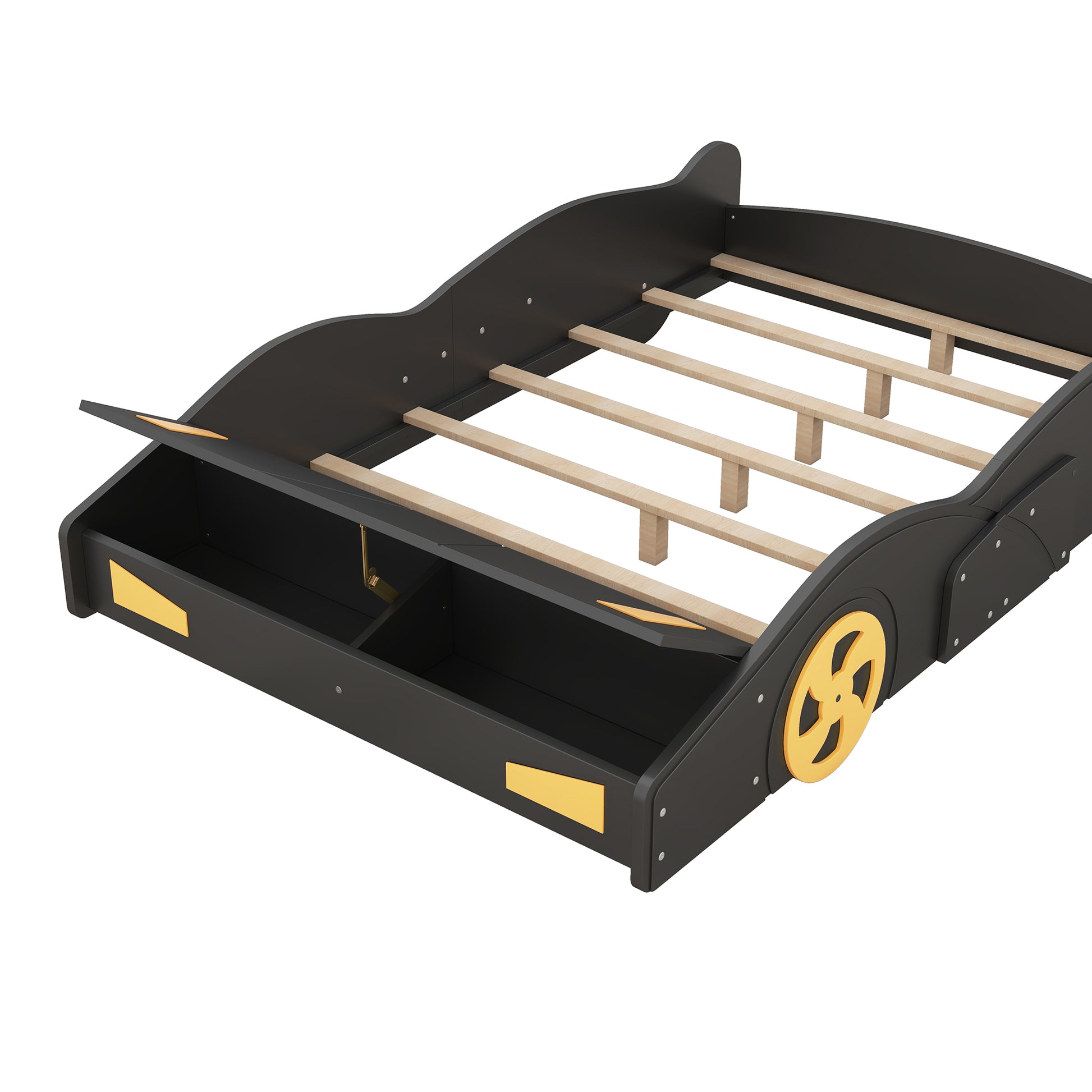 Full Size Race Car Shaped Platform Bed With Wheels And Storage, Black Yellow Box Spring Not Required Full Black Wood Bedroom Bed Frame Solid Wood Mdf