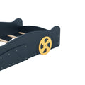 Twin Size Race Car Shaped Platform Bed With Wheels And Storage, Dark Blue Yellow Box Spring Not Required Twin Dark Blue Wood Bedroom Bed Frame Solid Wood Mdf