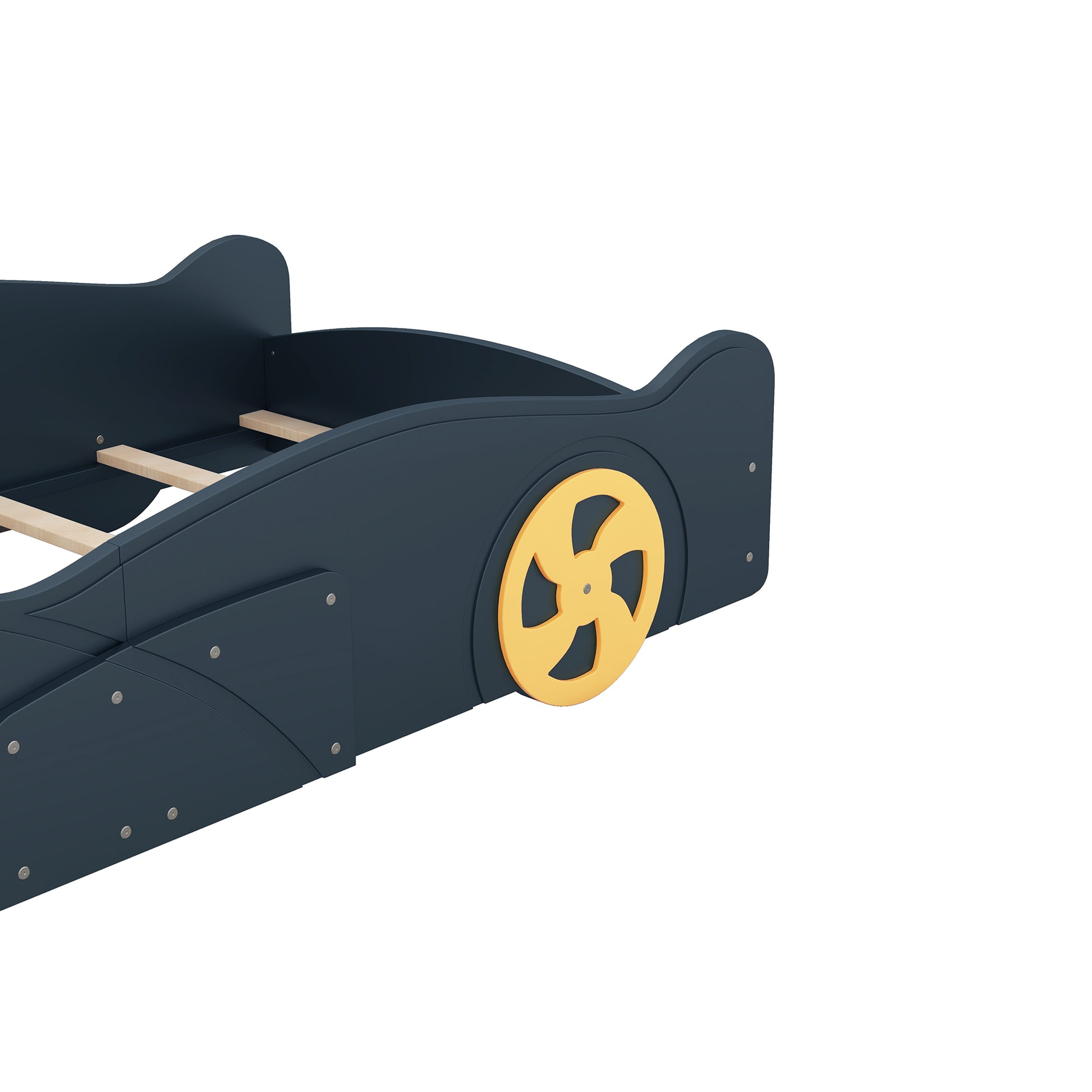 Twin Size Race Car Shaped Platform Bed With Wheels And Storage, Dark Blue Yellow Box Spring Not Required Twin Dark Blue Wood Bedroom Bed Frame Solid Wood Mdf