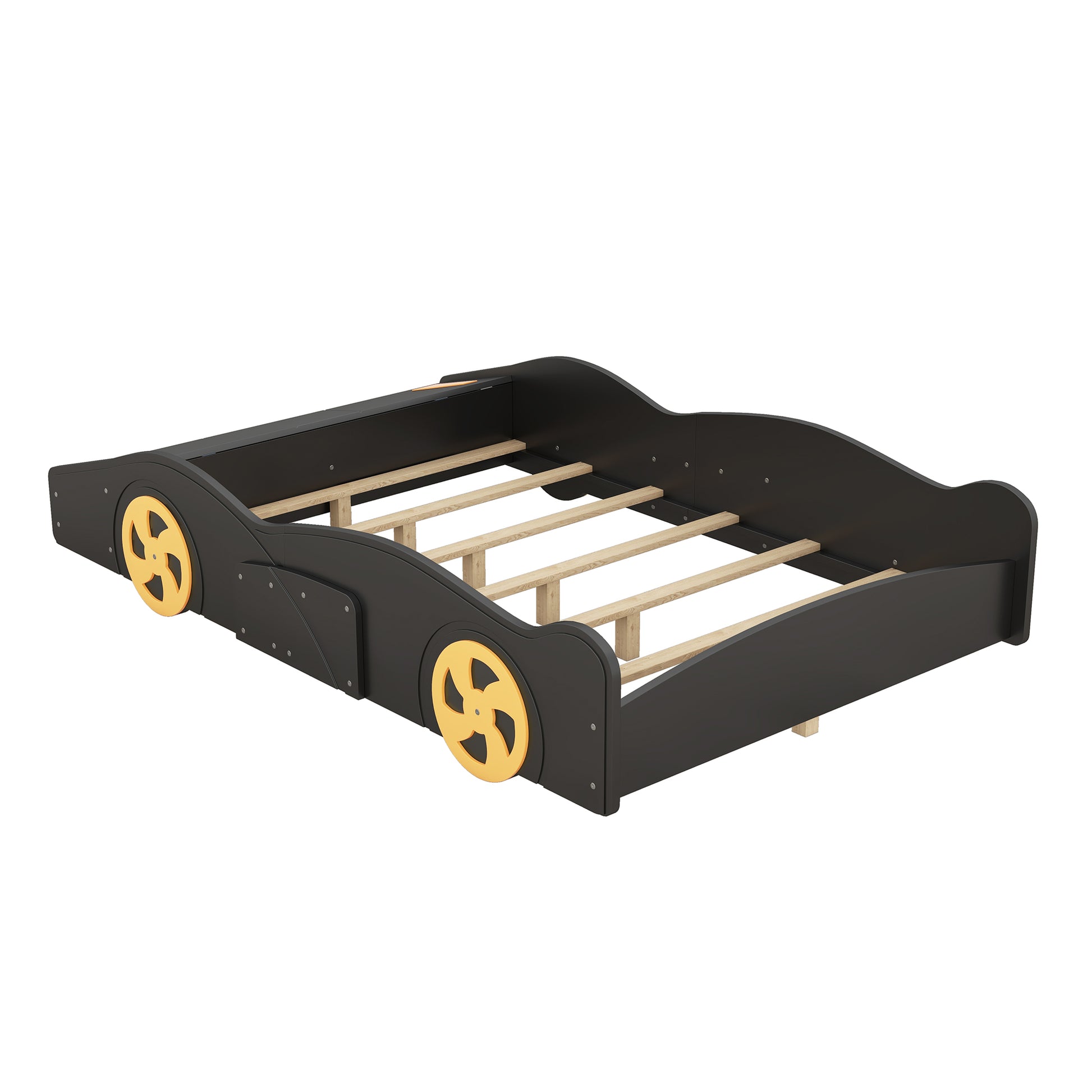 Full Size Race Car Shaped Platform Bed With Wheels And Storage, Black Yellow Box Spring Not Required Full Black Wood Bedroom Bed Frame Solid Wood Mdf