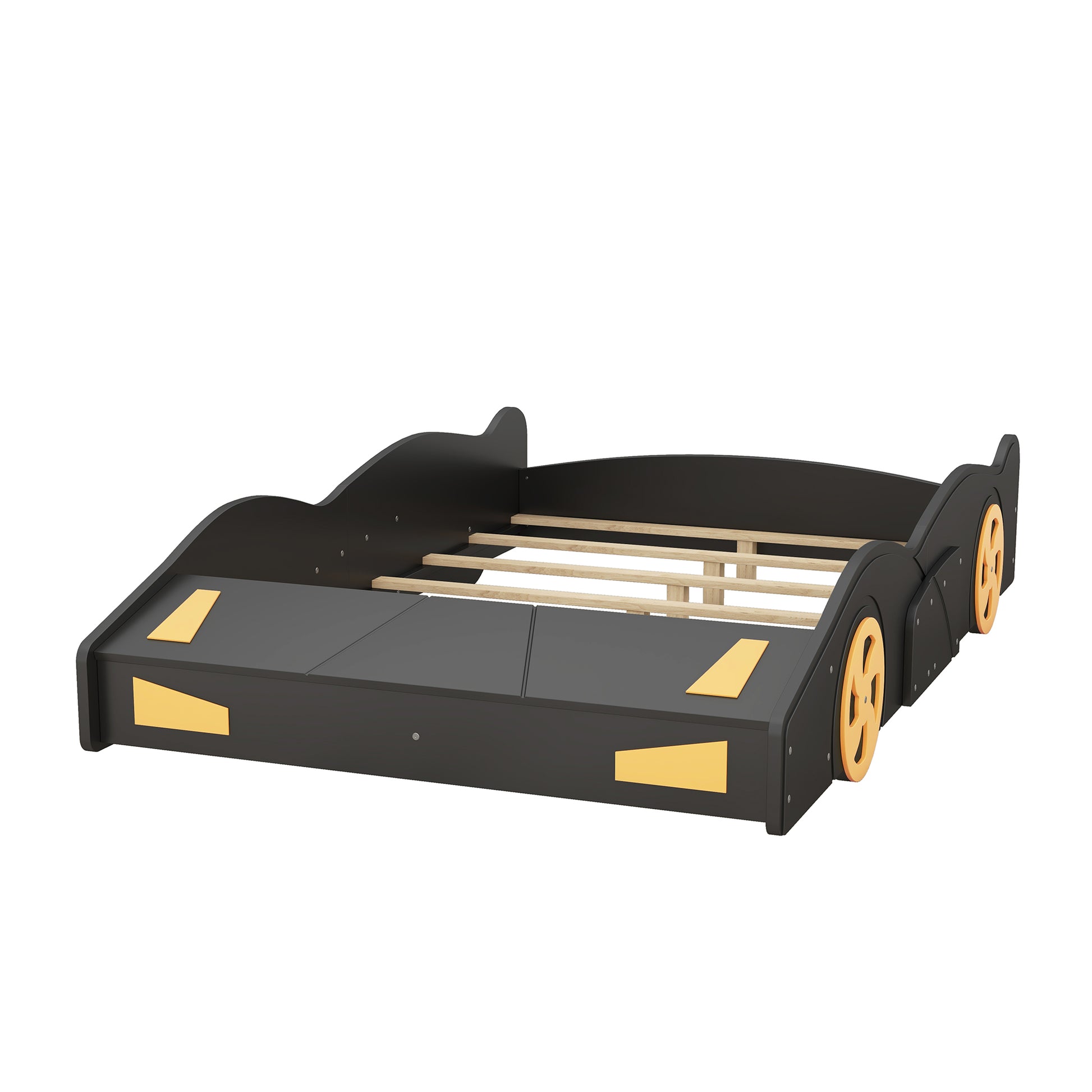 Full Size Race Car Shaped Platform Bed With Wheels And Storage, Black Yellow Box Spring Not Required Full Black Wood Bedroom Bed Frame Solid Wood Mdf