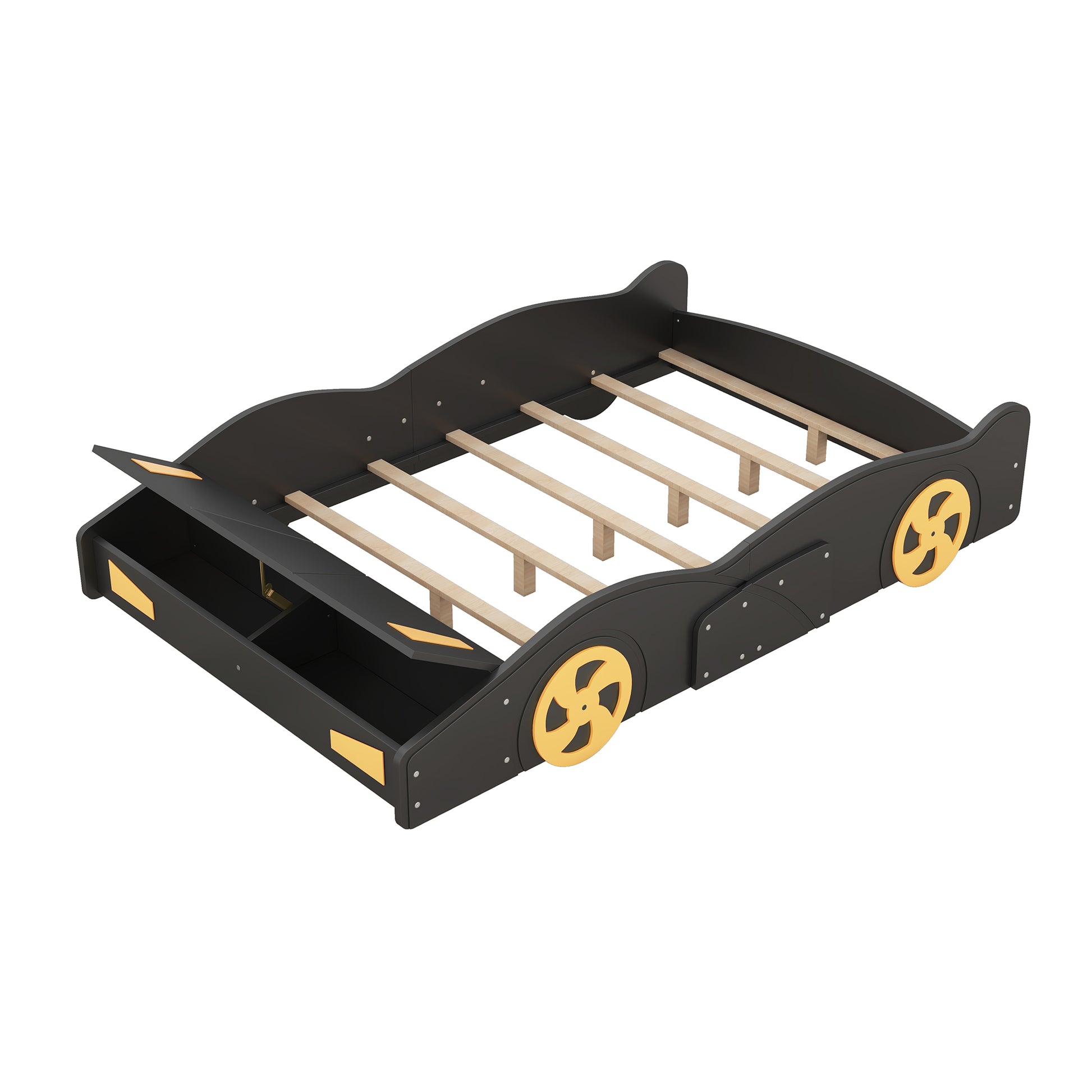Full Size Race Car Shaped Platform Bed With Wheels And Storage, Black Yellow Box Spring Not Required Full Black Wood Bedroom Bed Frame Solid Wood Mdf