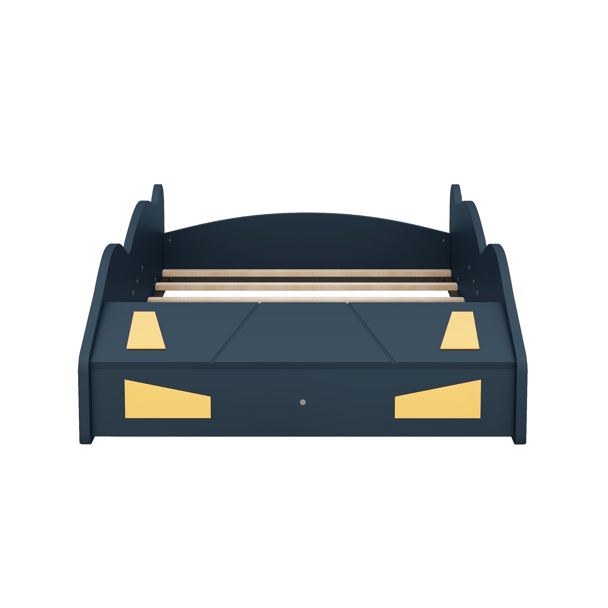 Twin Size Race Car Shaped Platform Bed With Wheels And Storage, Dark Blue Yellow Box Spring Not Required Twin Dark Blue Wood Bedroom Bed Frame Solid Wood Mdf