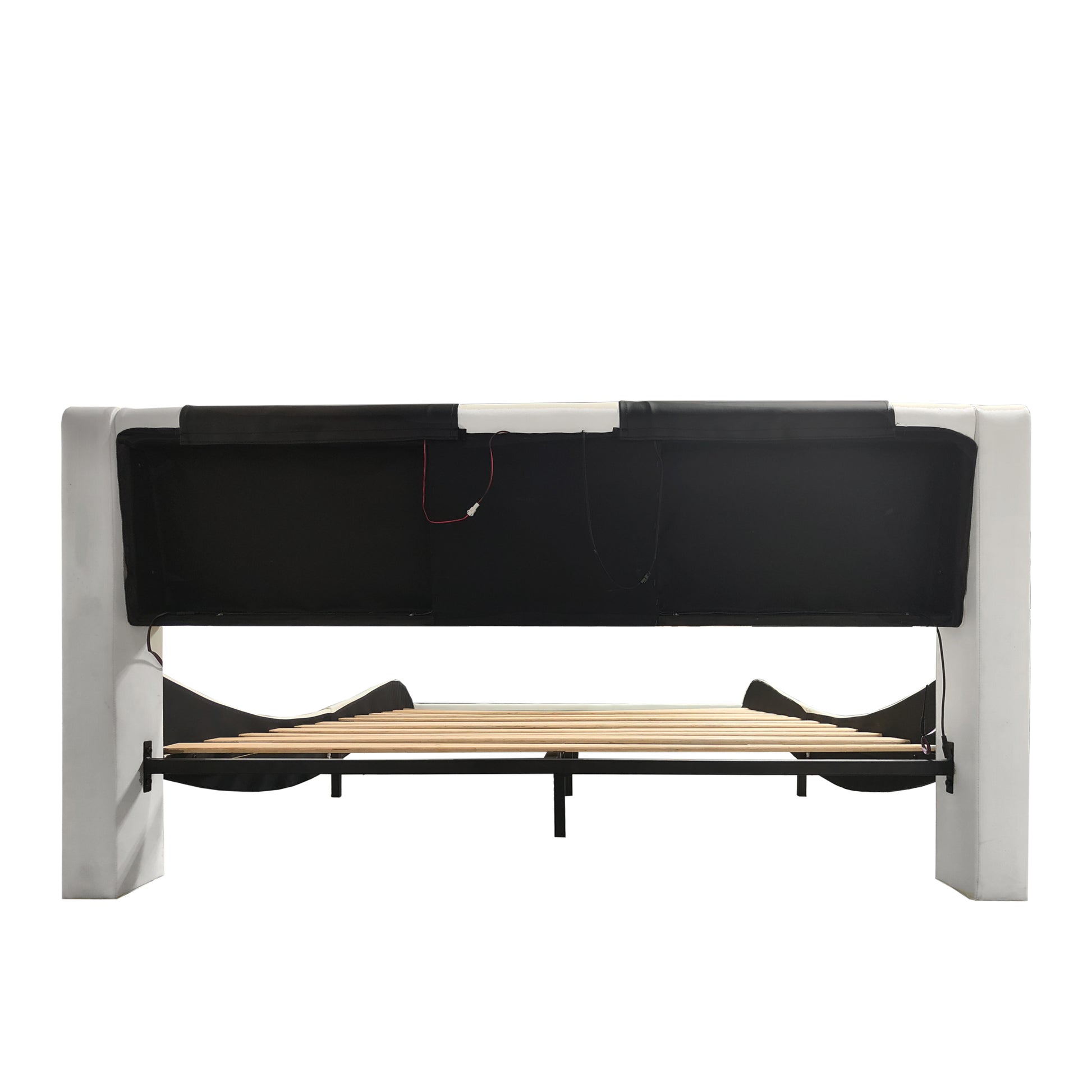 Faux Leather Upholstered Platform Bed Frame With Led Lighting, Bluetooth Connection To Play Music Control, Backrest Vibration Massage, Curve Design, Wood Slat Support, One Carton Package, Queen White Mdf
