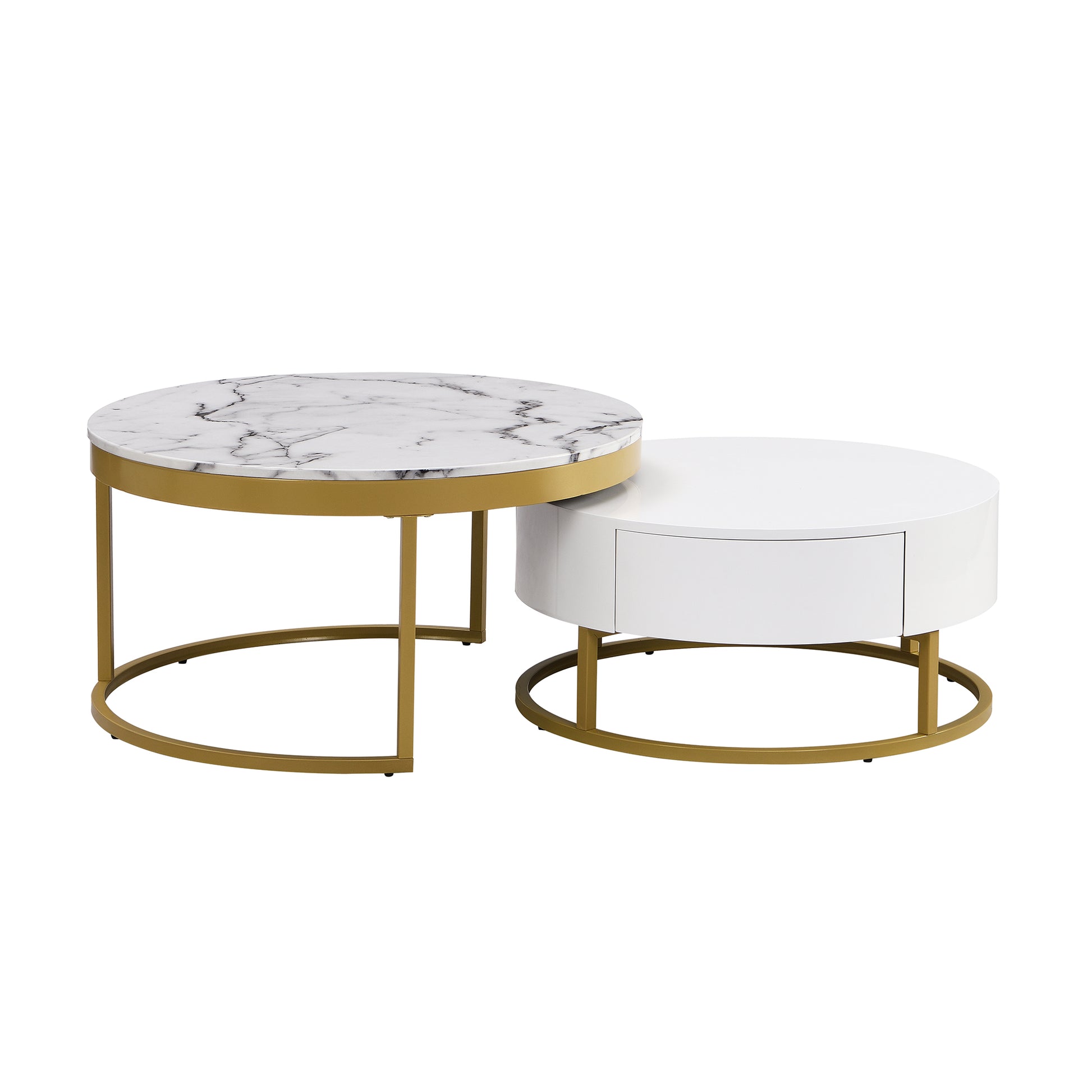 Modern Round Nesting Coffee Table With Drawers In White Golden White Mdf