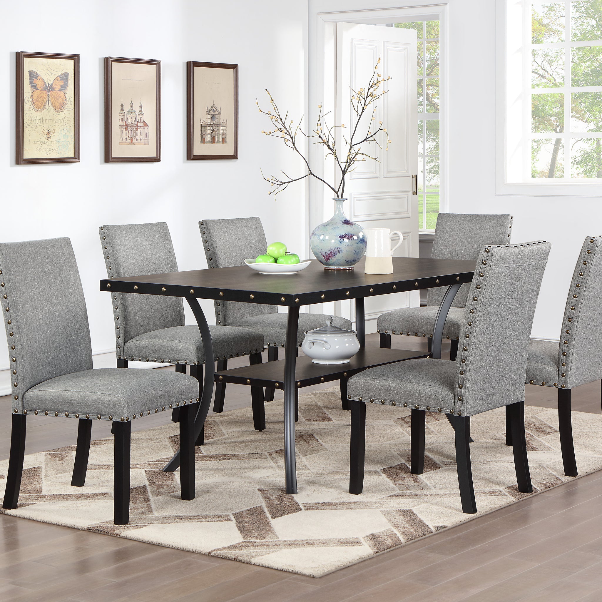 Modern Classic Dining Room Furniture Natural Wooden Rectangle Top Dining Table 6X Side Chairs Gray Fabric Nail Heads Trim And Storage Shelve 7Pc Dining Set Wood Dining Room Rubberwood Rectangular Dining Table With Chair Upholstered Chair Wood Gray Solid