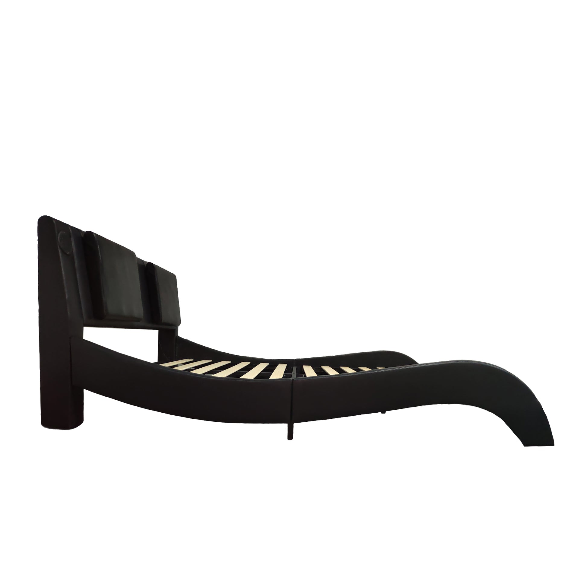 Faux Leather Upholstered Platform Bed Frame With Led Lighting, Bluetooth Connection To Play Music Control, Backrest Vibration Massage, Curve Design, Wood Slat Support, Exhibited Speakers,King Size Box Spring Not Required King Black Mdf