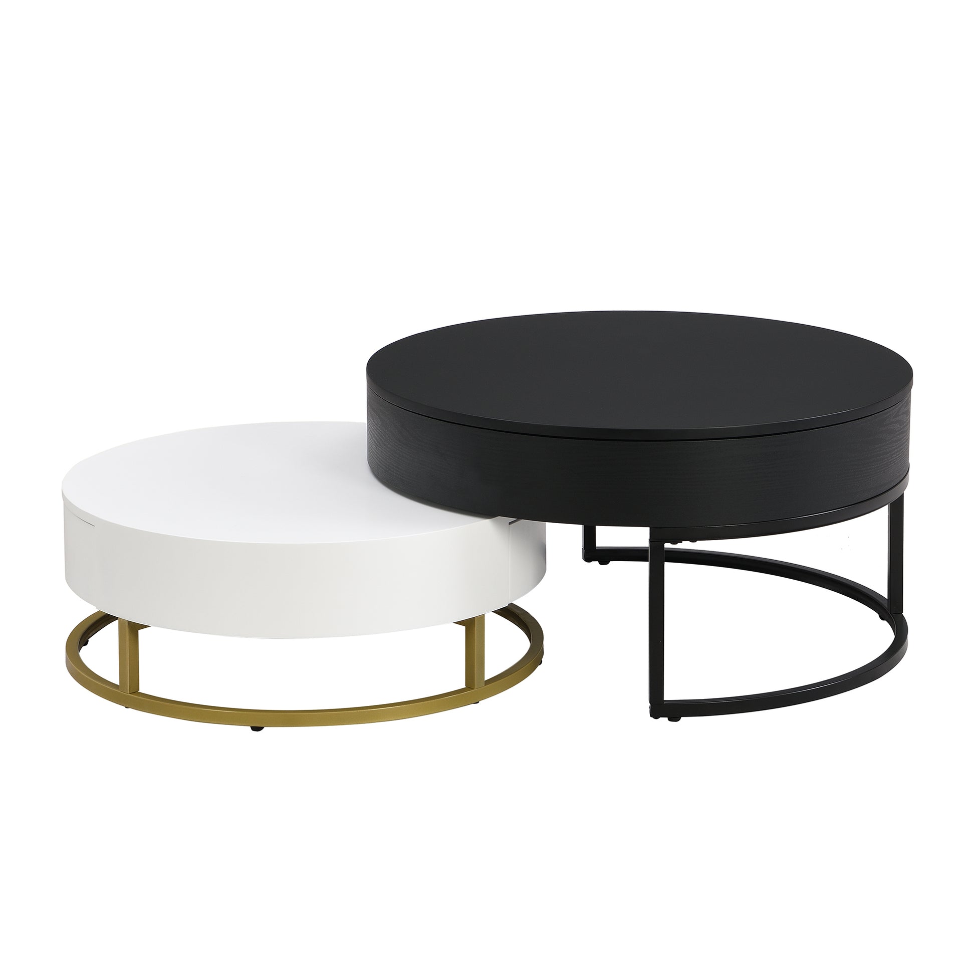 Modern Round Lift Top Nesting Coffee Tables With 2 Drawers White & Black White Black Mdf