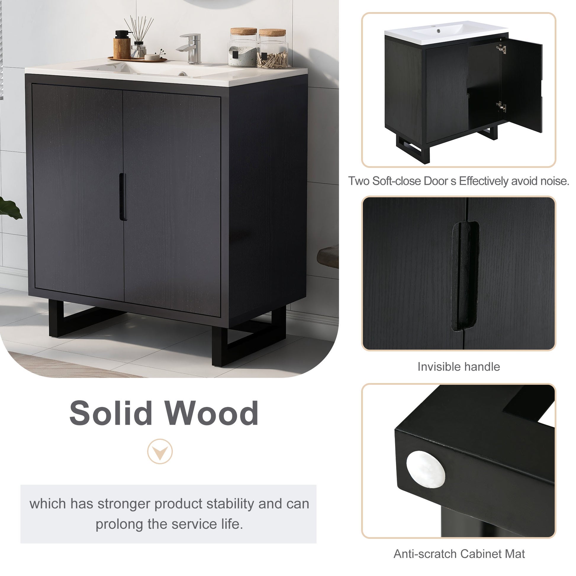30" Bathroom Vanity Set With Sink, Combo Cabinet, Bathroom Storage Cabinet, Solid Wood Frame Black Solid Wood Mdf