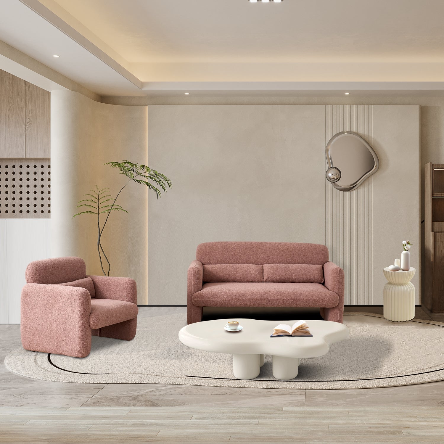 34"Lamb Fleece Fabric Sofa, Modern Single Sofa With Support Pillow For Apartment, Office, Living Room & Bedroom, Tool Free Assembly. Pink Pink Foam Sherpa