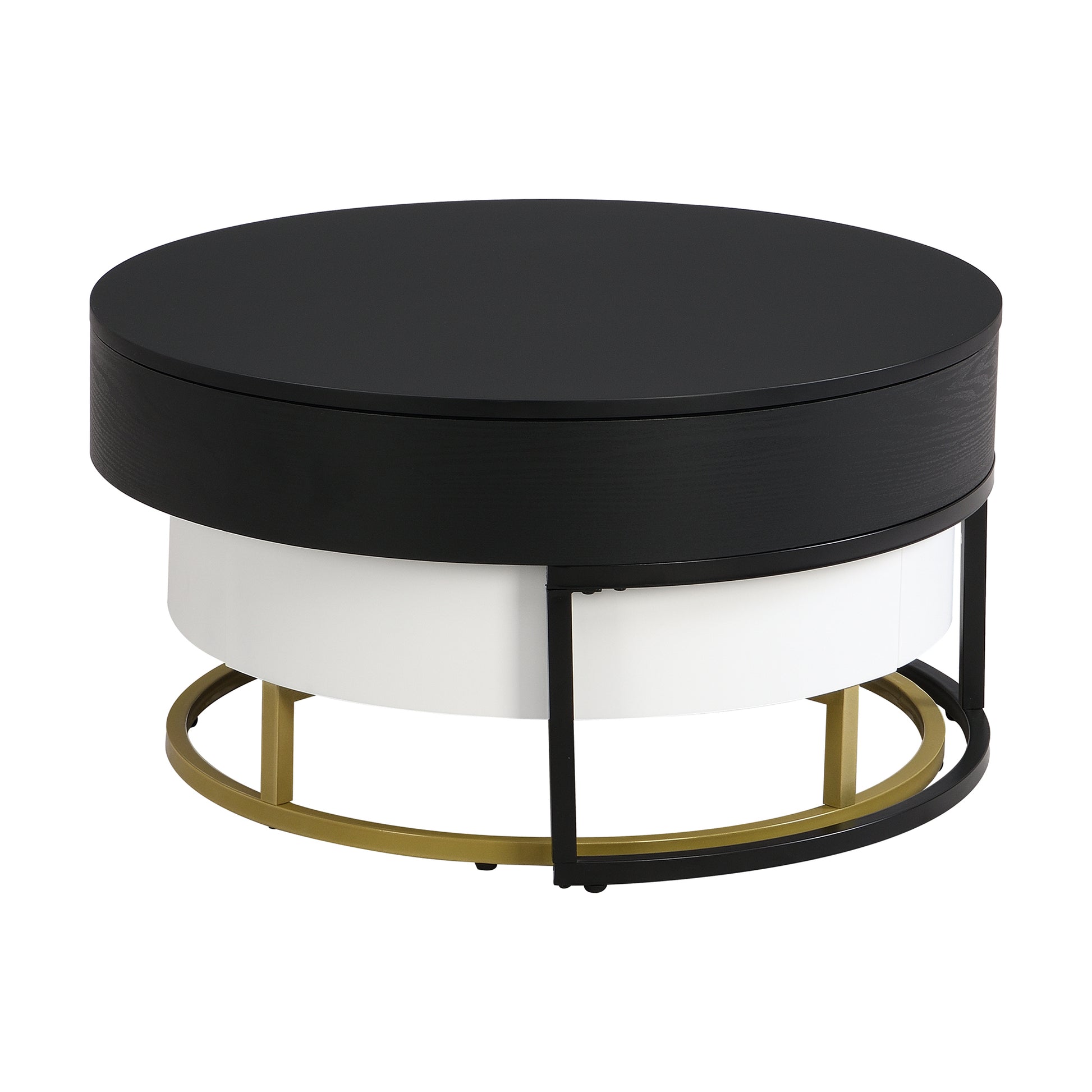 Modern Round Lift Top Nesting Coffee Tables With 2 Drawers White & Black White Black Mdf