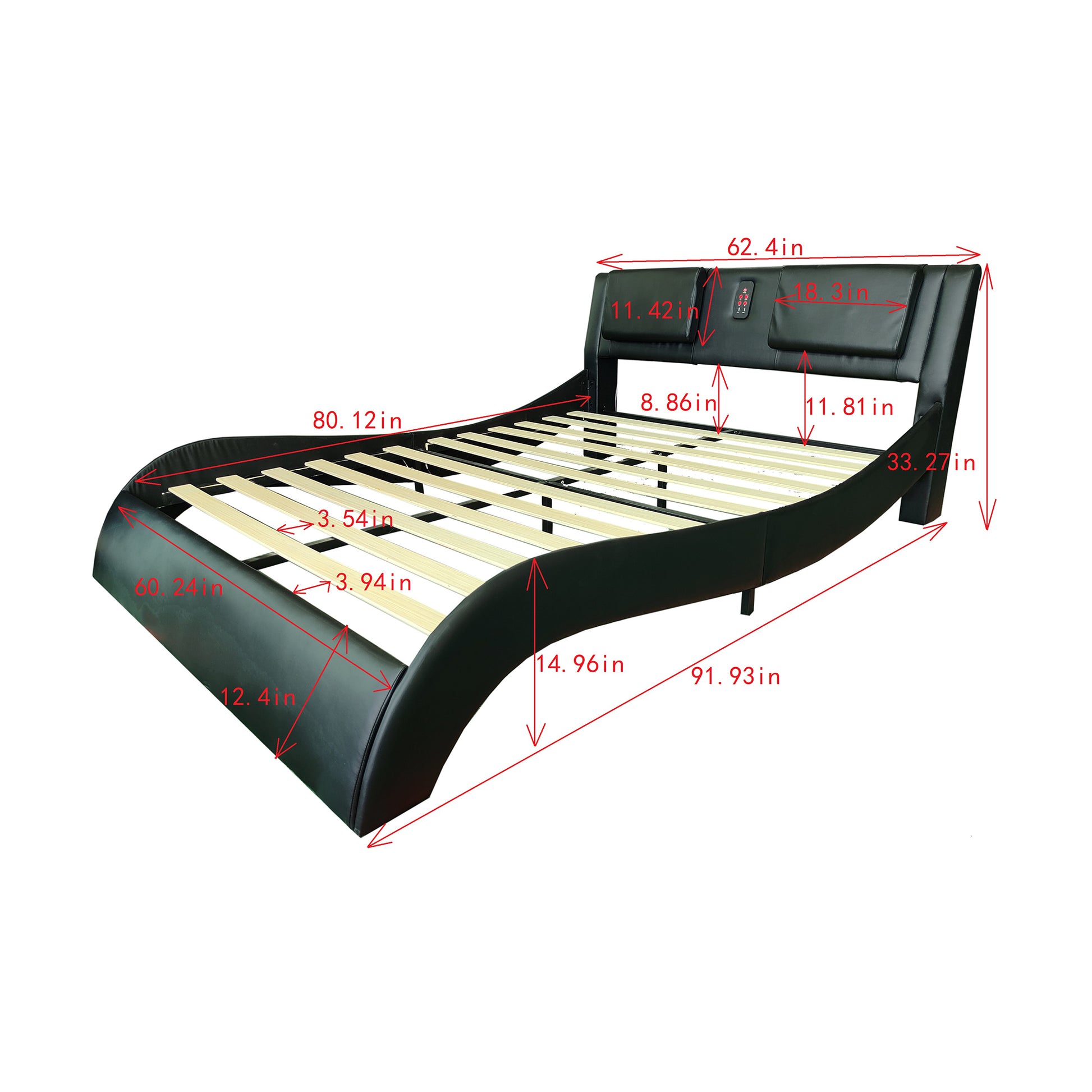 Faux Leather Upholstered Platform Bed Frame With Led Lighting, Bluetooth Connection To Play Music Control, Backrest Vibration Massage, Curve Design, Wood Slat Support, One Carton Package, Queen Queen Black Mdf