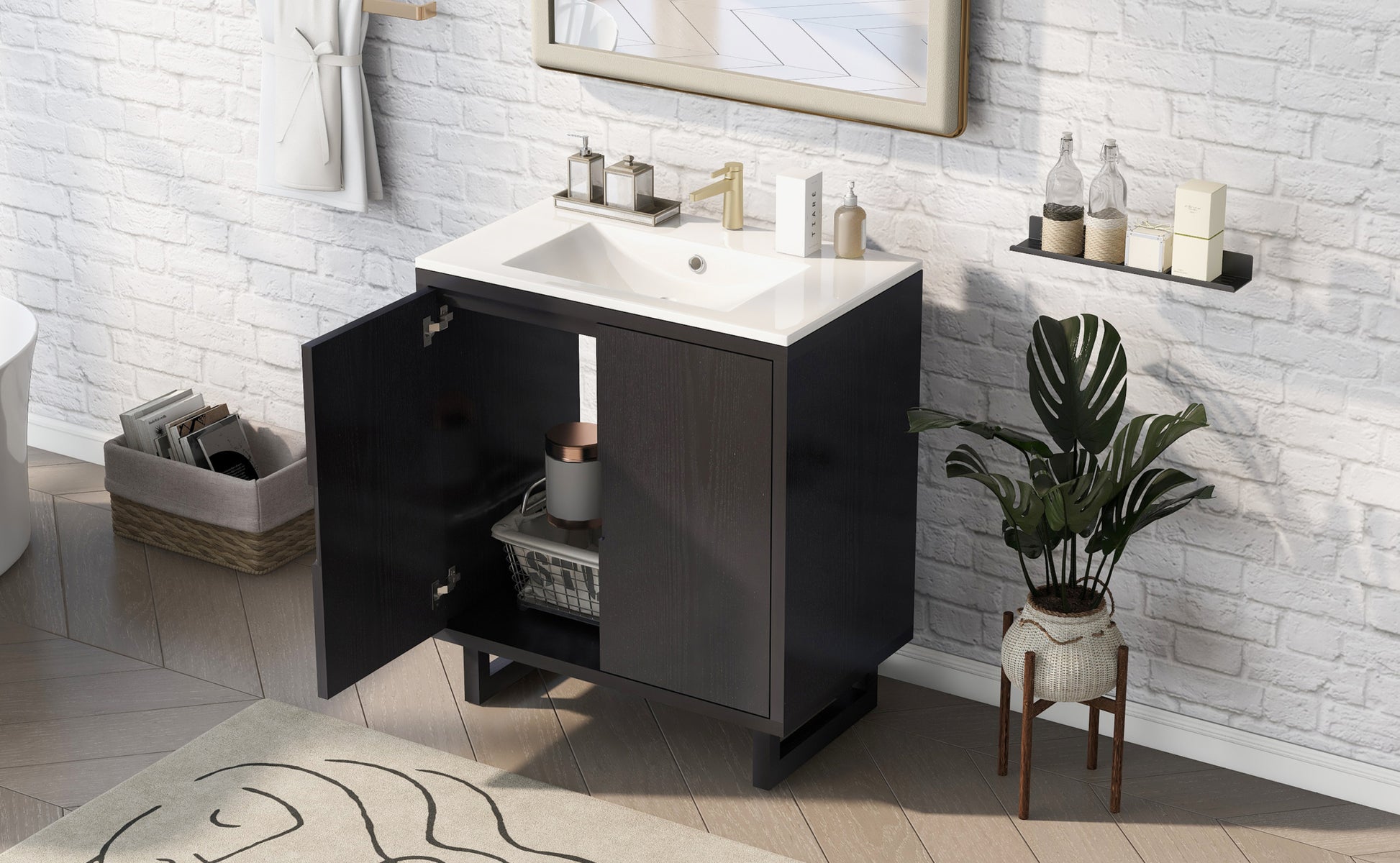 30" Bathroom Vanity Set With Sink, Combo Cabinet, Bathroom Storage Cabinet, Solid Wood Frame Black Solid Wood Mdf