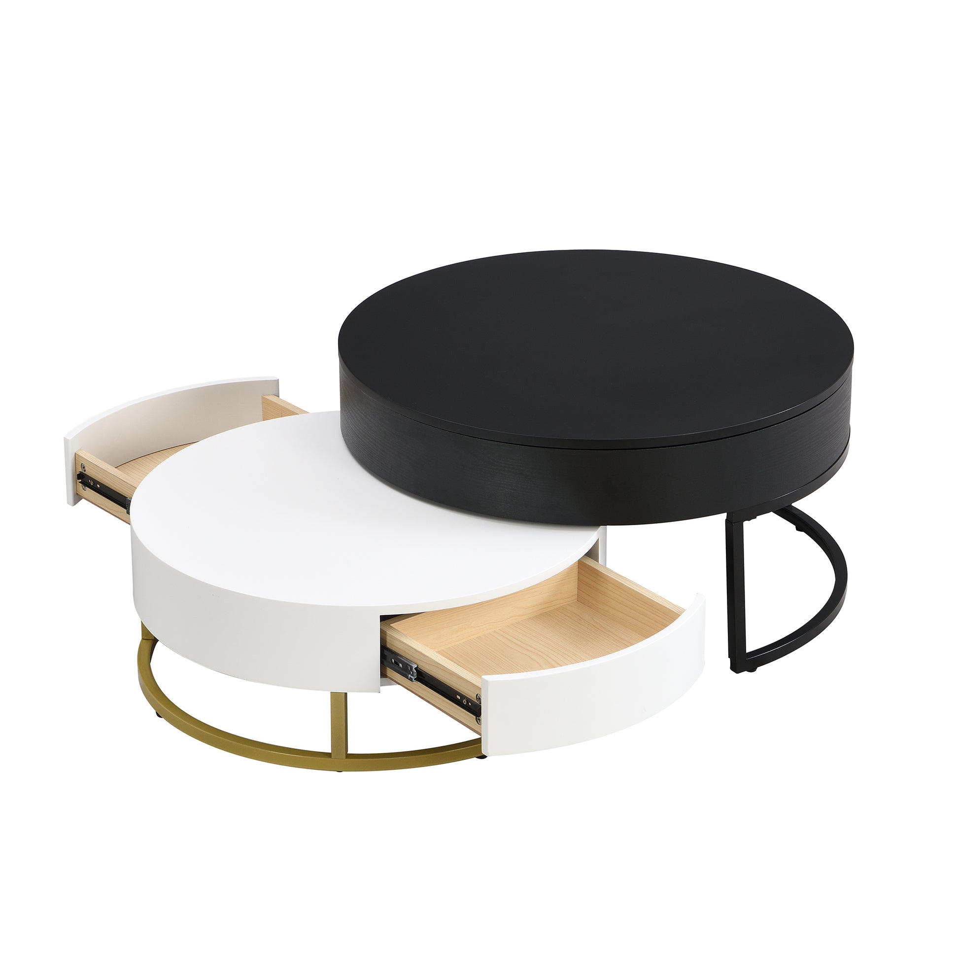 Modern Round Lift Top Nesting Coffee Tables With 2 Drawers White & Black White Black Mdf