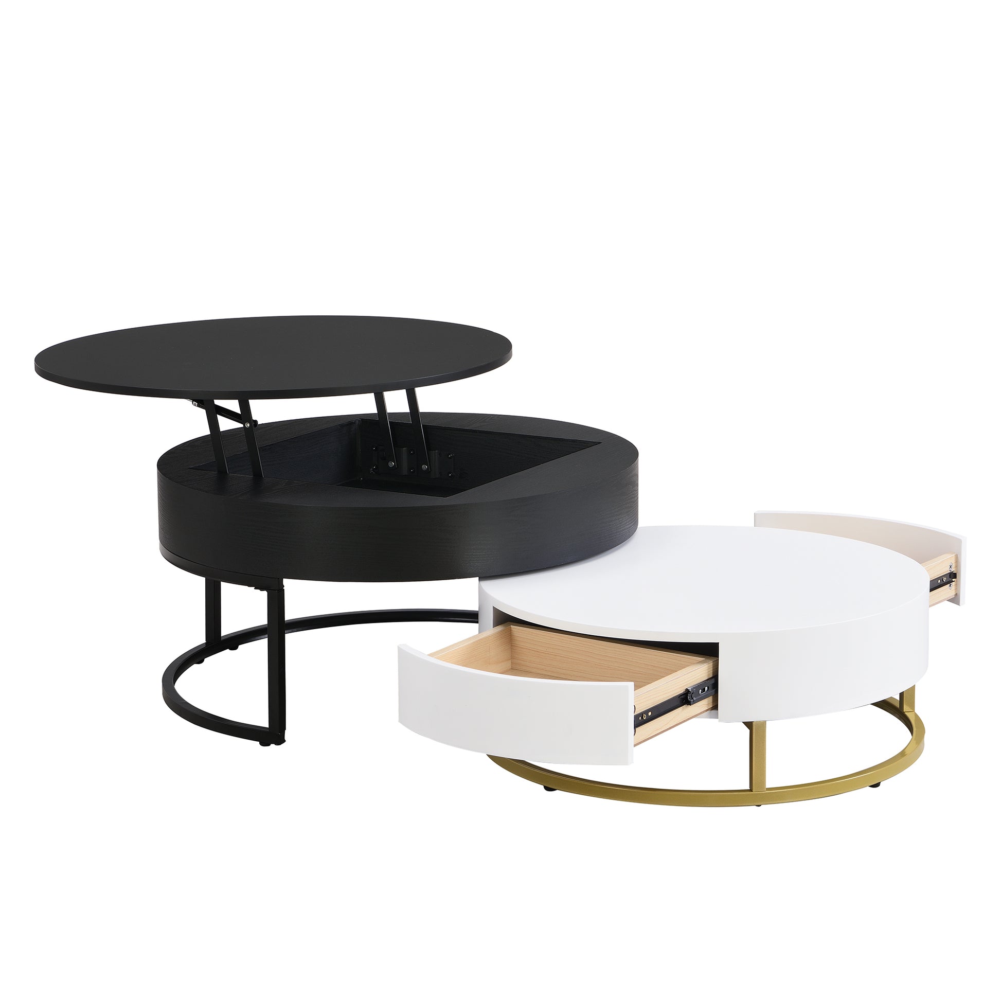 Modern Round Lift Top Nesting Coffee Tables With 2 Drawers White & Black White Black Mdf