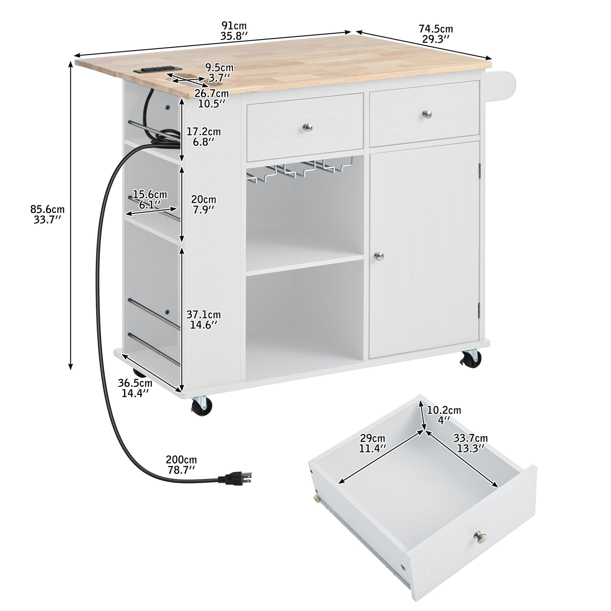 Kitchen Island With Power Outlet,Kitchen Storage Island With Drop Leaf And Rubber Wood,Open Storage And Wine Rack,5 Wheels,With Adjustable Storage For Home, Kitchen, And Dining Room,White White Mdf